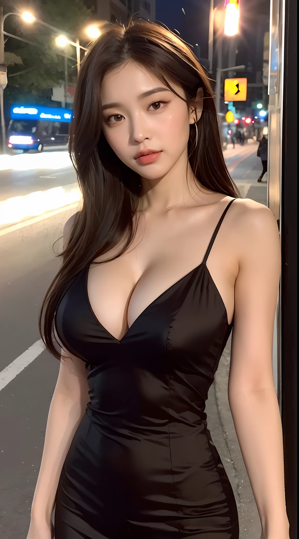 ((Realistic lighting, Best quality, 8K, Masterpiece: 1.3)), Clear focus: 1.2, 1girl, Perfect body beauty: 1.4, Slim abs: 1.1, ((dark brown hair, Big breasts: 1.3)), (Aqua dress: 1.4), (Outdoor, night: 1.1), City streets, Super fine face, fine eyes, double eyelids, exposed cleavage