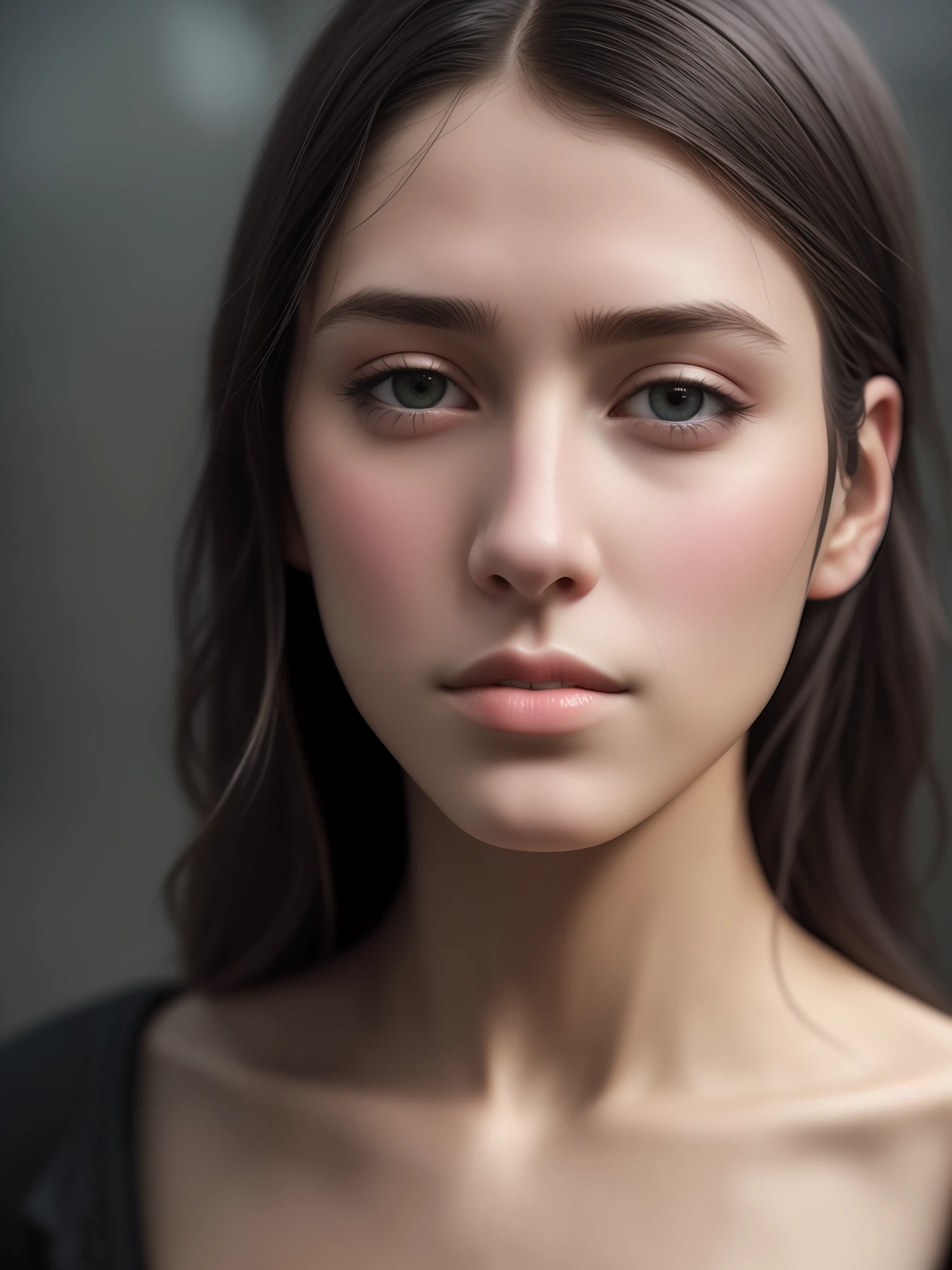 Close-up portrait of a brunette, plague in the background, slate atmosphere, cinematic, faded colors, dark shot, soft colors, grainy film, lut, insane details, intricate details, [[Pimples and Acne]]]