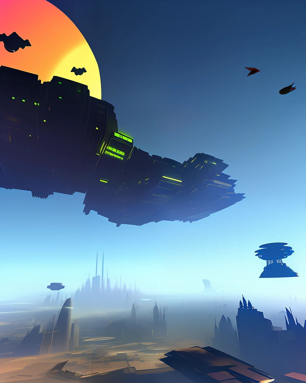 Giant flying platform with a futuristic city on top with a desert planet full of garbage below