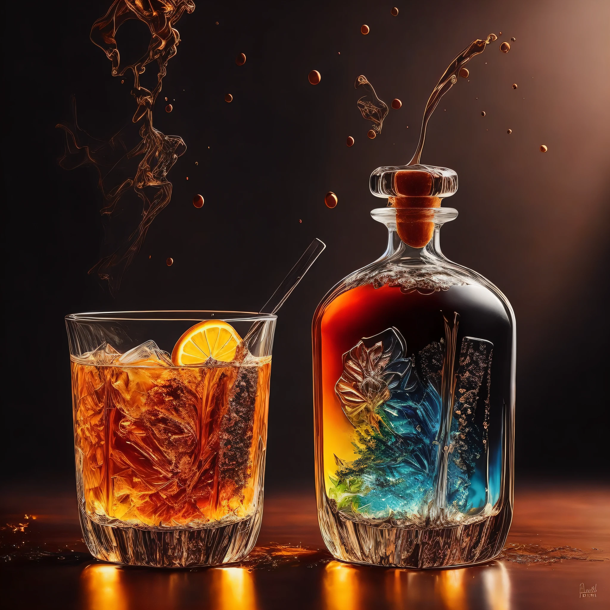 a sprinkled whiskey sitting on top of a table, hyper realistic digital painting, colorful hyperrealism, amazing food illustration, blender whiskey, amazing food photography, hyper realistic oil painting, hyper realistic color photo, ultrarealistic oil painting, realistic colorful photography, hyper - realistic oil painting, hyper-realistic oil painting, beautiful 3d render, hyperrealistic digital painting