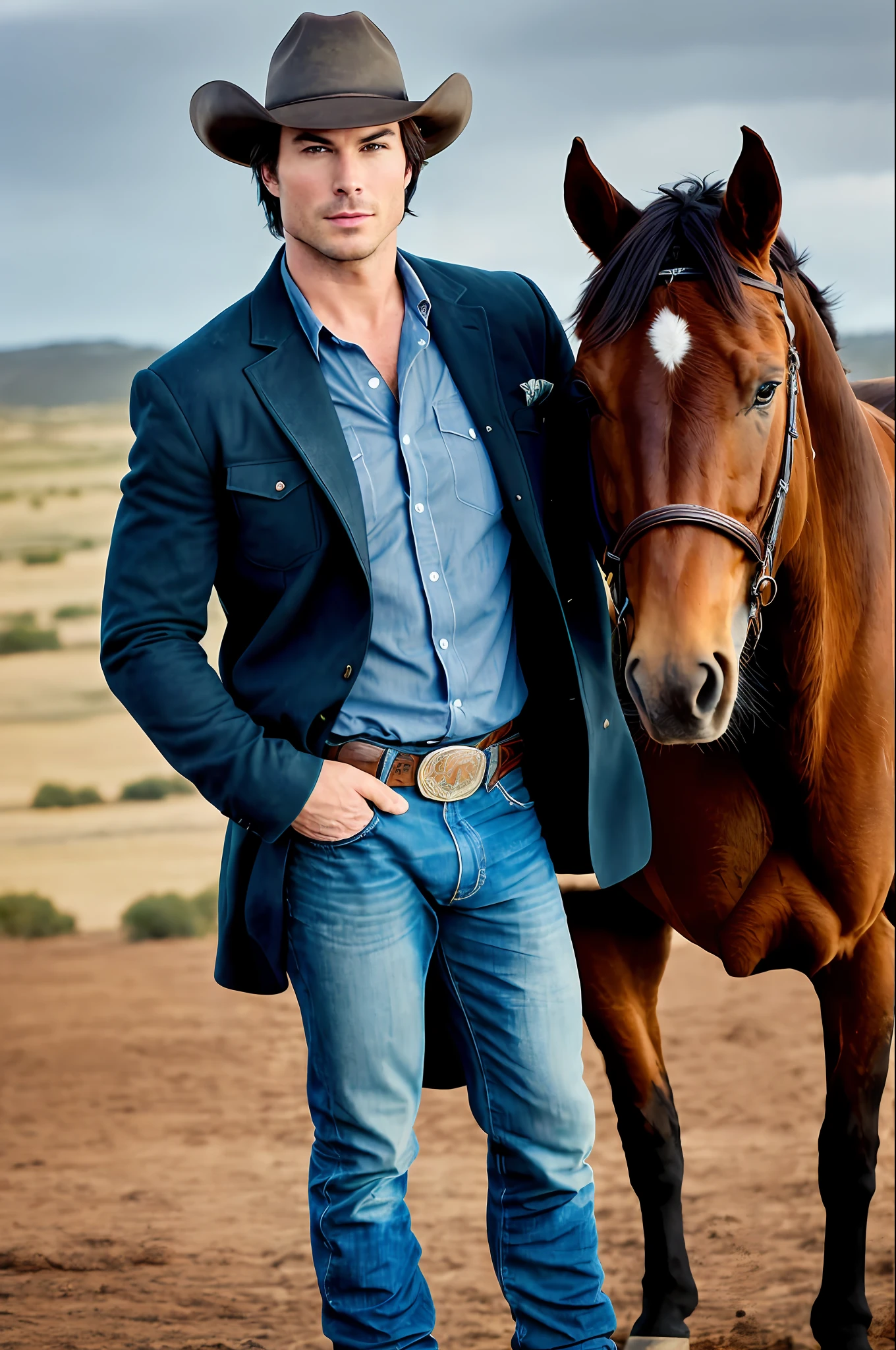 Ian Somerhalder,Photography, color, portrait. cowboy, outdoors, night, stout, worn, stoic, cowboy hat, spurs in boots, a horse in the background, deep wrinkles, piercing blue eyes, a determined expression, standing against a backdrop of a clear night sky full of stars, the cowboy is looking away, best quality, ultra-detailed, classic western