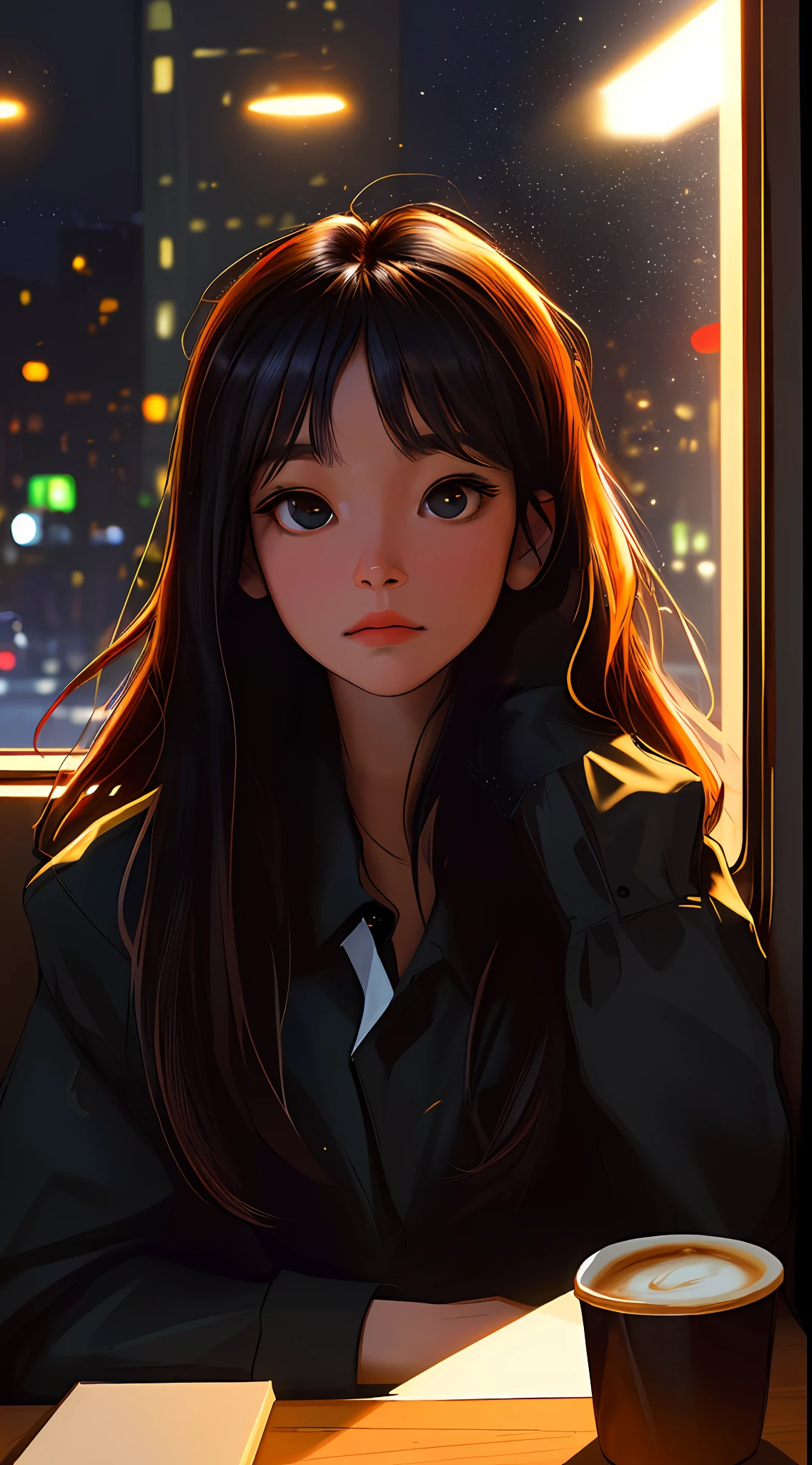 ((masterpiece, best quality, ultra detailed, ultra high res)), ((night)), (distant), chiaroscuro, coffee, indoors, solo focus, pov, (through the window), (armrest), 1girl, facing away, black hair, long hair, distracted, sitting, black collar shirt, (looking away), streetspace, neon lights, particles, dark eyes, black eyes