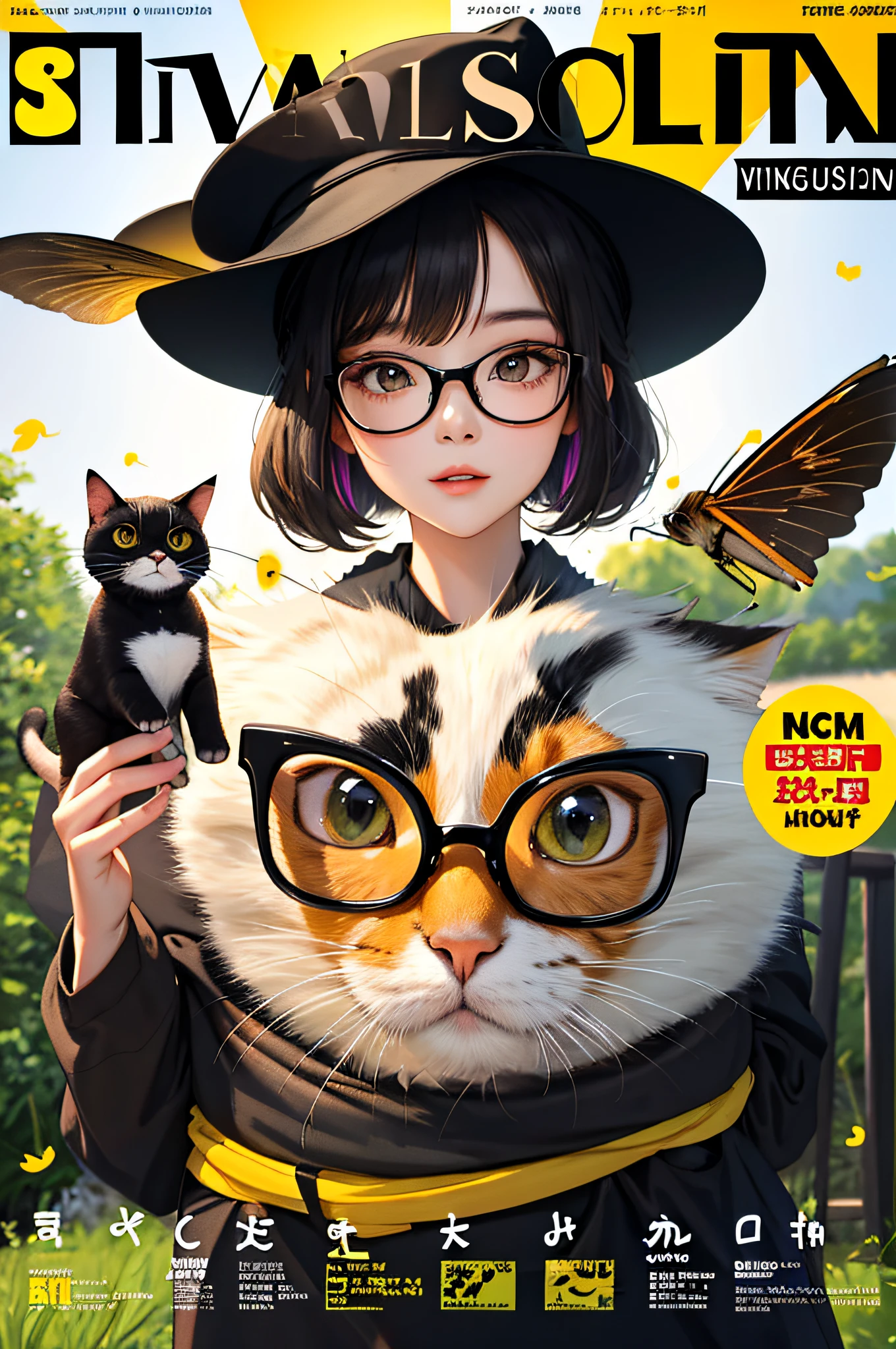 Masterpiece, best quality, animal fashionable cat in black glasses and hat, colorful fireflies, outdoors, magazine cover, animal magazine cover, bright headlines, full-length,
