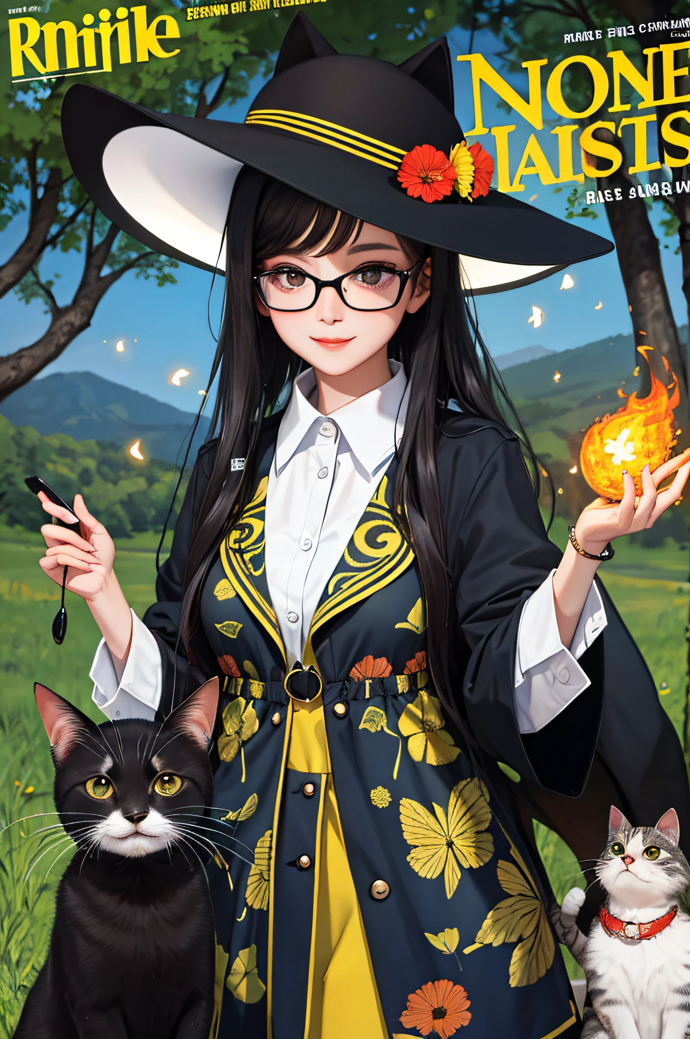 Masterpiece, best quality, animal fashionable cat in black glasses and hat, colorful fireflies, outdoors, magazine cover, animal magazine cover, bright headlines, full-length,
