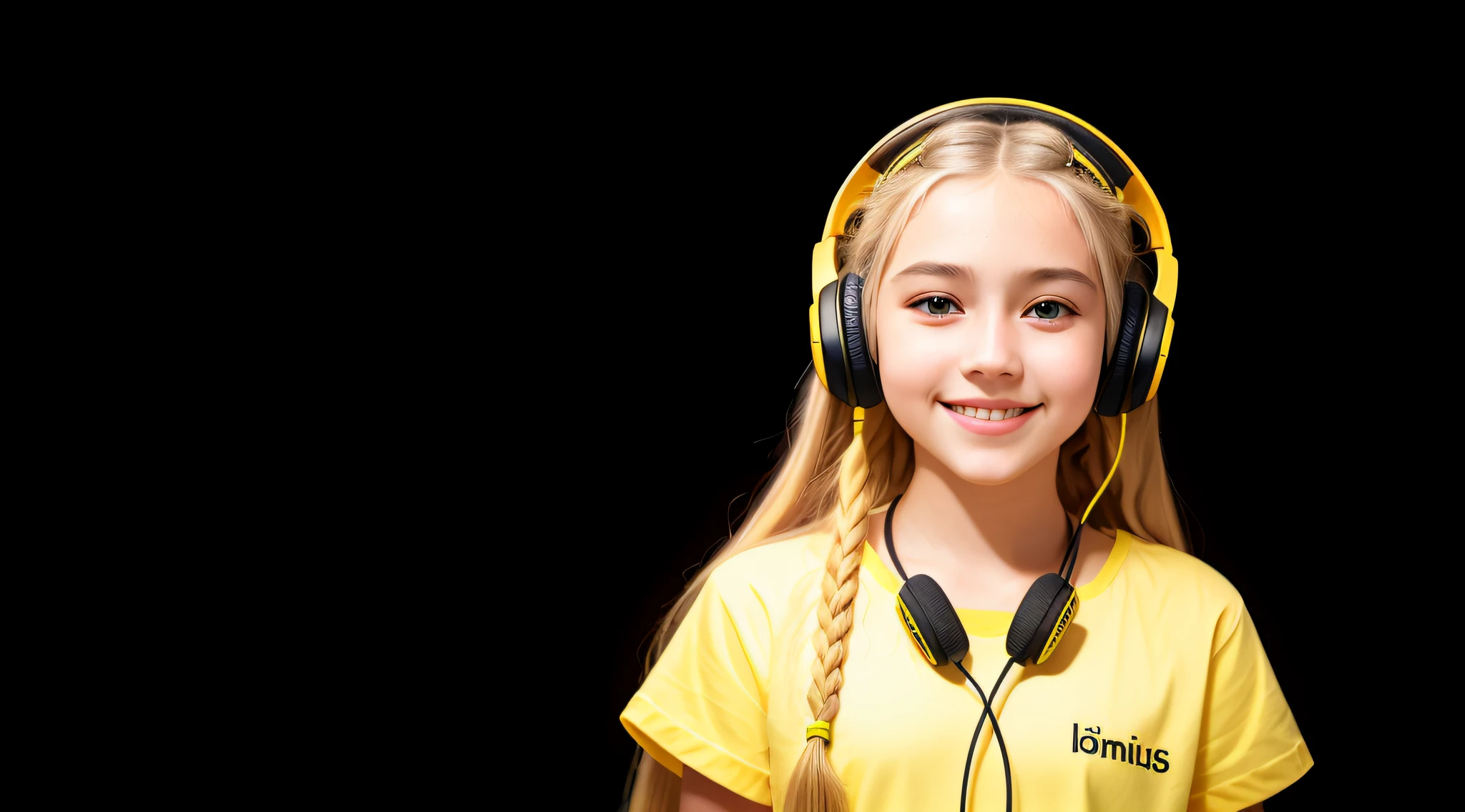 girl 12 years, blonde long hair of braids,portrait, yellow background, with headphones in smiling and holding hands up, girl wearing headphones, listening to music, wearing headphones, with headphones, with headphones, using a headset, vibrating with music, listening to pious music, wearing headphones,  Using Gaming Headset, Tinnitus, High Quality Portrait, Connected Headphones, Digital Art H 9 6 0