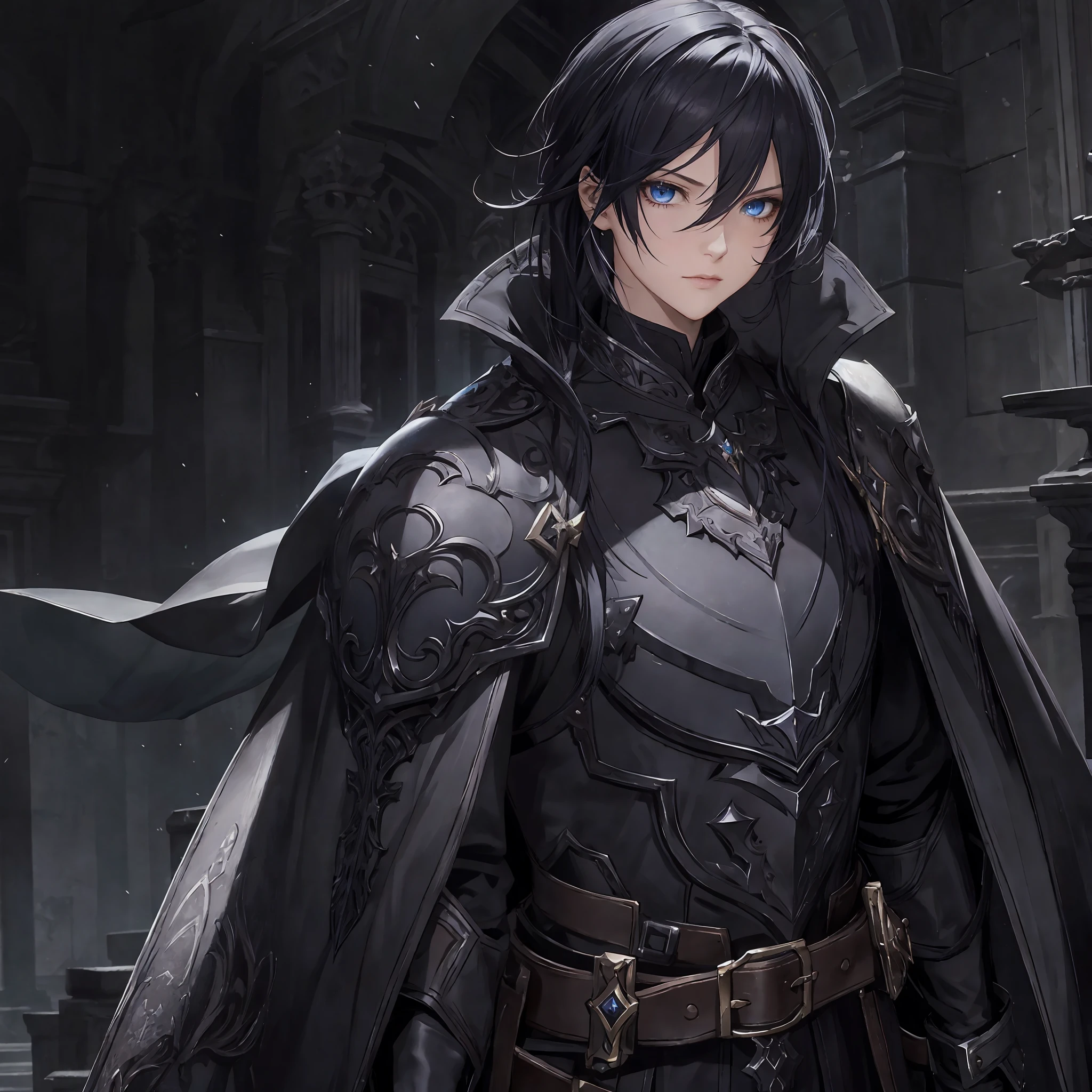 masterpiece, best quality, 1woman, adult, female focus, solo, long black hair, vibrant blue eyes, gloves, hair between eyes, looking at viewer, cape, High quality metal texture, semi metal armor, closed mouth, black metallic gloves, upper body, bangs, high collar,(kbxll:0.6), Fantasy aesthetics, Highly detailed, shadowverse character concept, shadowverse style