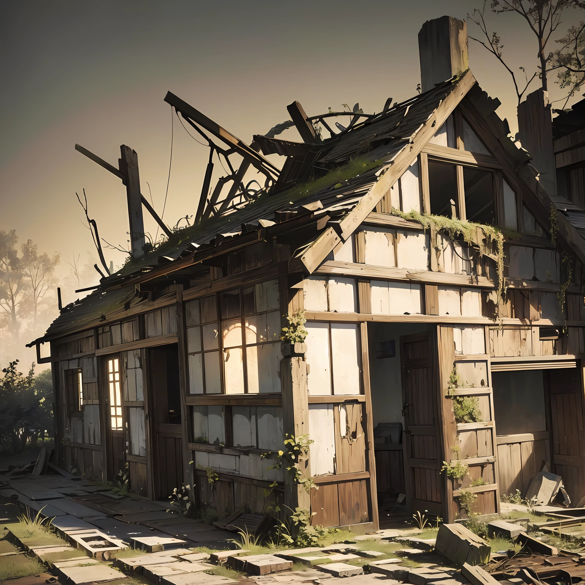 "An old house, abandoned long ago, with traces of wood aged and worn by nature, has now been completely destroyed by the action of time. All that remains are fragments of rubble and debris strewn across the ground. The shadows of the afternoon sun fall into the ruins, creating a melancholy and solemn atmosphere. (old house, aged wood, ruins, rubble, debris, shadows of the sun, melancholy atmosphere)" --auto --s2