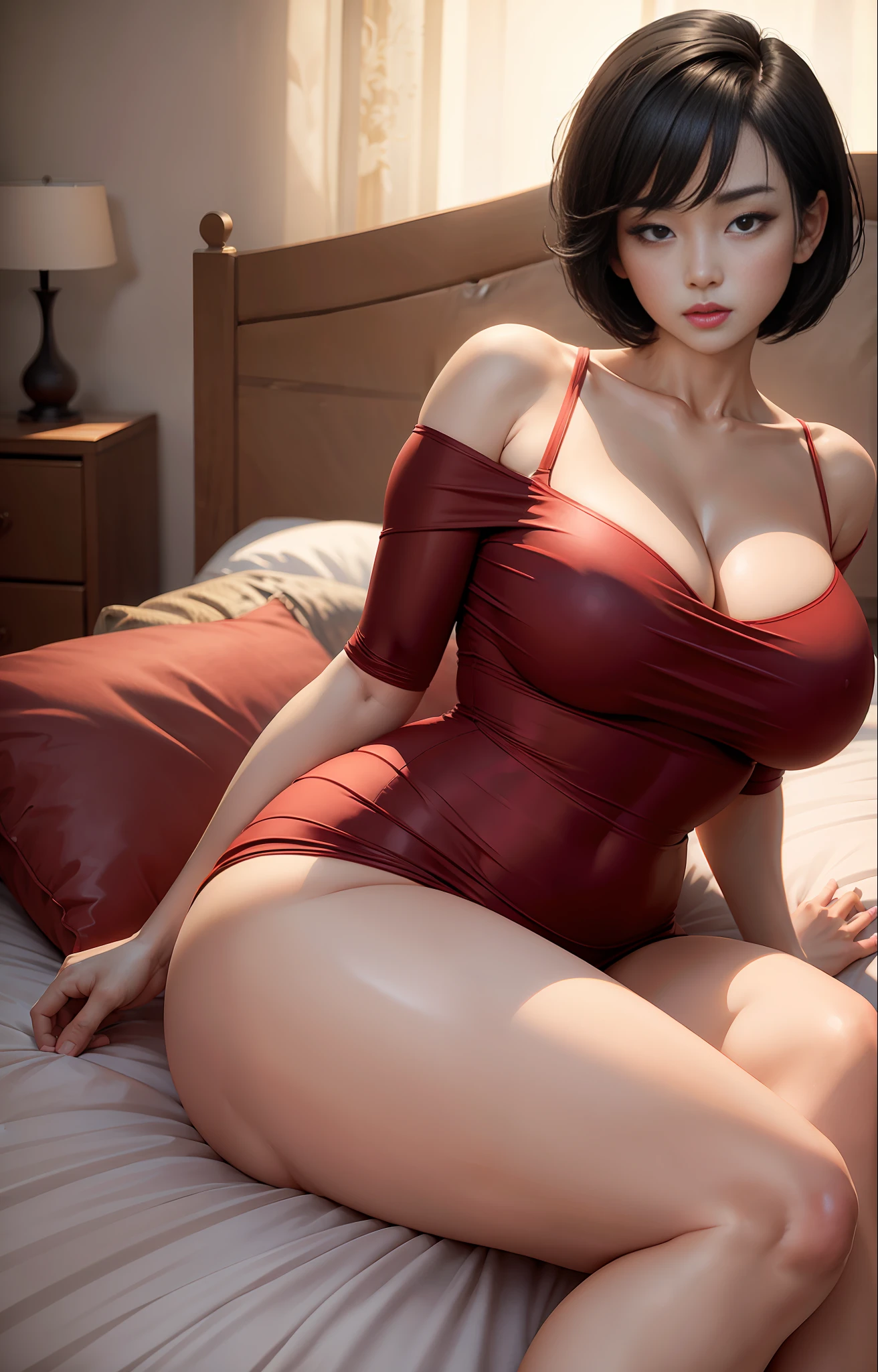 "Korean sitting on a bed, with beautiful curves, beautiful with short black hair, wearing tight red dress with neckline, perfect and realistic in 8k quality, (with large breasts)." 优化后的Prompt语言类型为pt