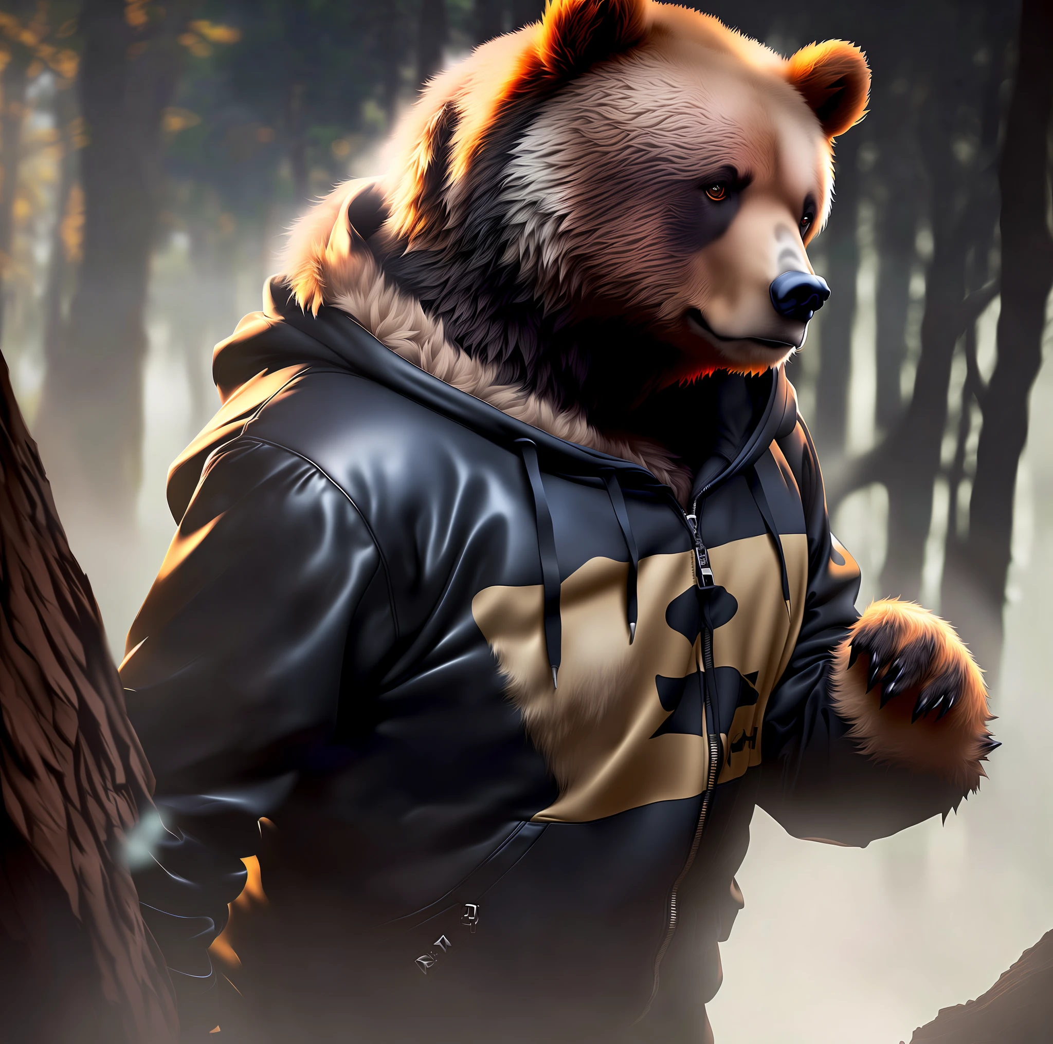 there is a bear that is standing in the woods with a hoodie, wojtek fus, portrait of anthropomorphic bear, trending in cgsociety, alexey egorov, trending on artstation 4k, trending on artstation hd, trending on artstation hq, grizzly, anthropomorphic samurai bear, trending on cgsociety, trending on Artstation