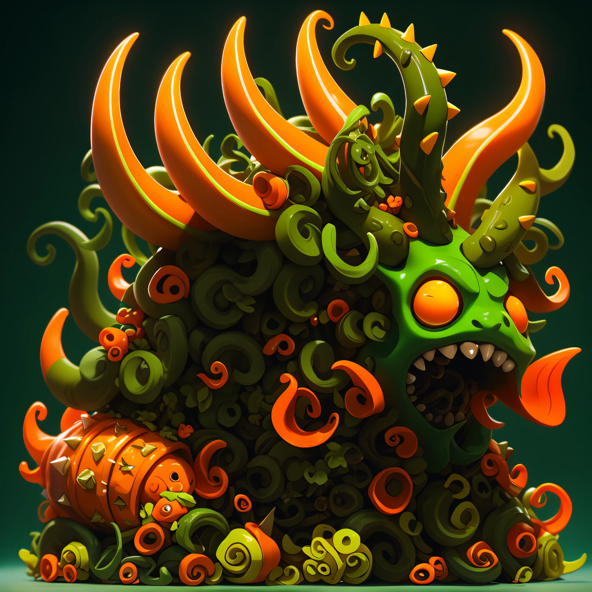 cephalopod, (cephalopod), orange-green tentacles, dark green curved horns, tan spiked horns, olive-green spiked snail shell , masterpiece, Best Quality