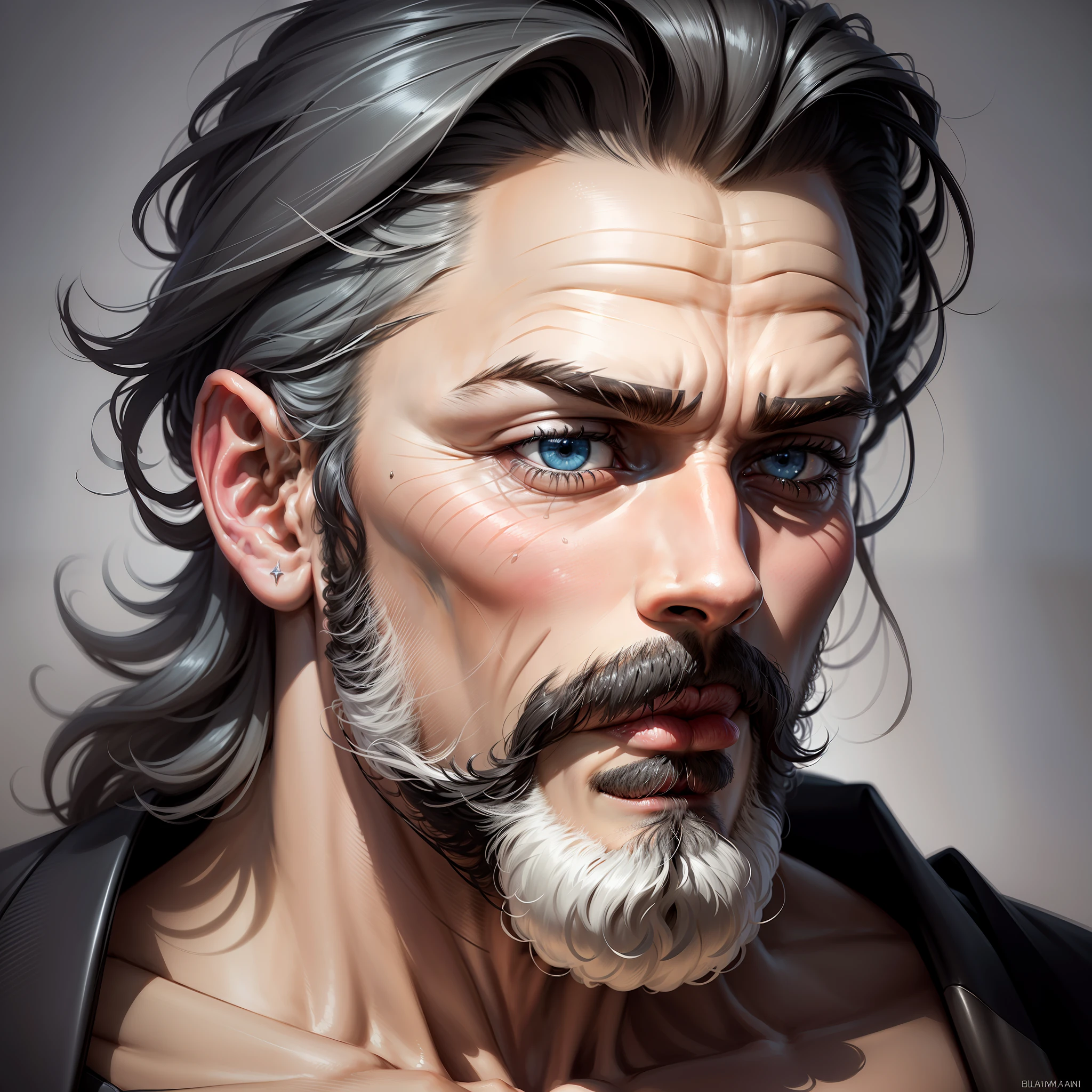 (Looking like a masterpiece,a high-quality portrait image with ultra-detailed textures) Best illumination, best shadow, an extremely delicate and beautiful, (a man with a sharp beard) close-up shot, blue eyes, shadows shaping the face,(gray beard, black and white portrait:1.2) the skin texture details, a sharp jawline and dark hair,
(black background, dynamic light:1.3, dramatic contrast) --auto --s2