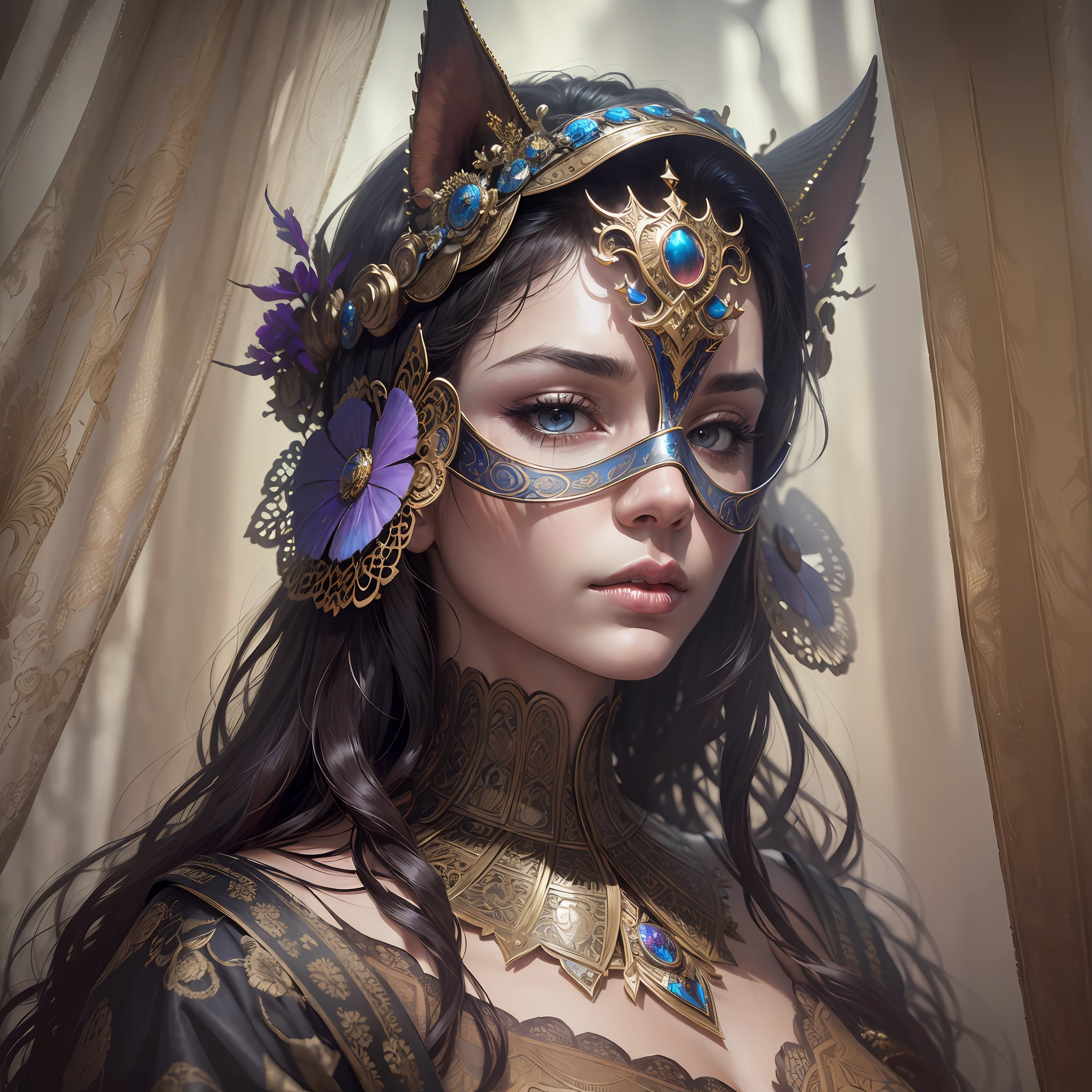 (Masterpiece, Epic Quality, 8K Resolution, epic realism, Epic Detail:1.2), a woman wearing a blind mask, complex and intricate background, epic beautiful and aesthetic, fog, intricate details, (naturak lips, natural skin texture, natural hair:1.1), photorealism, hyperrealism, sharp focus, hdr,