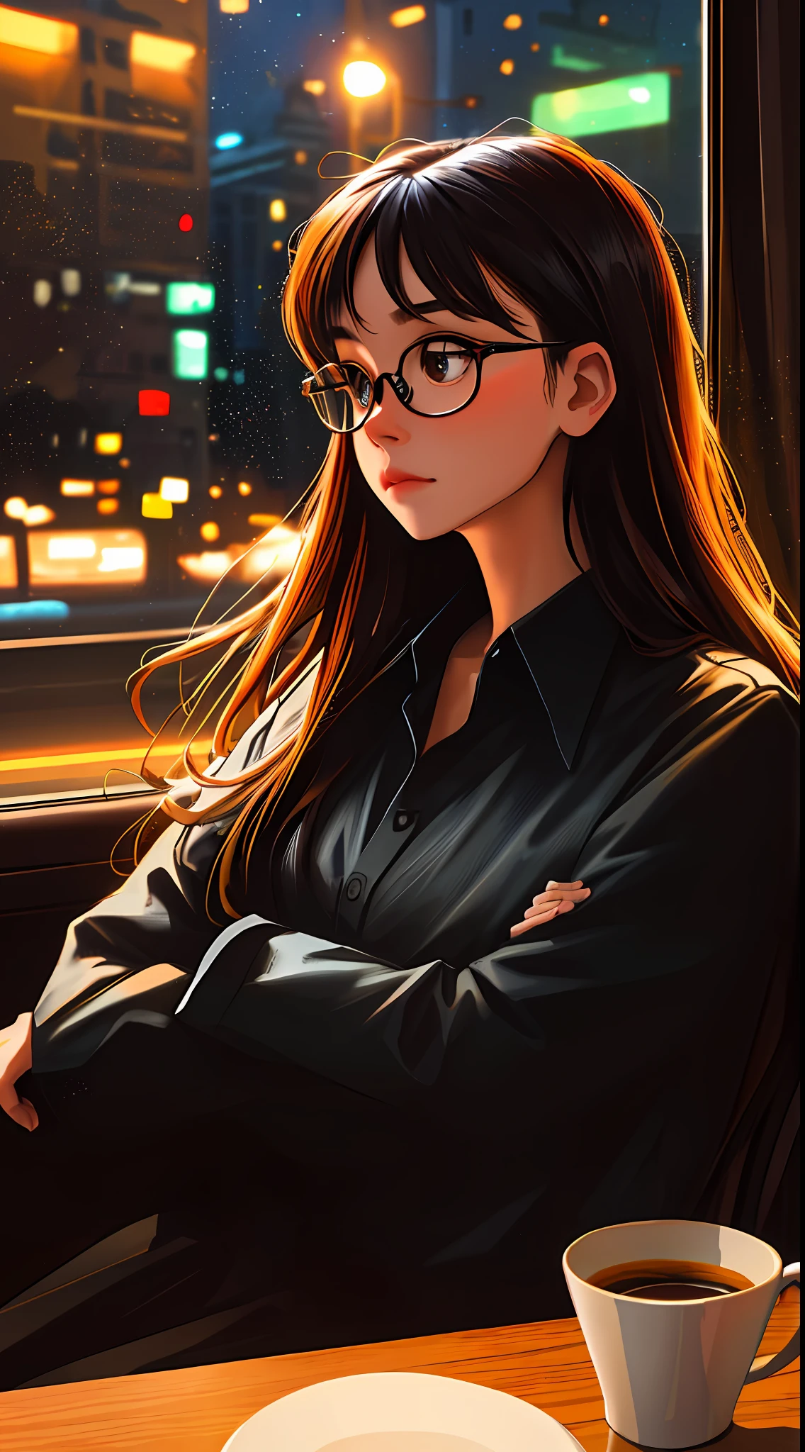 ((masterpiece, best quality, ultra detailed, ultra high res)), ((night)), (distant), chiaroscuro, coffee, indoors, solo focus, pov, (through the window), (armrest), 1girl, facing away, black hair, long hair, distracted, sitting, black collar shirt, (looking away), streetspace, neon lights, particles, dark eyes, black eyes, prescription glasses, round glasses