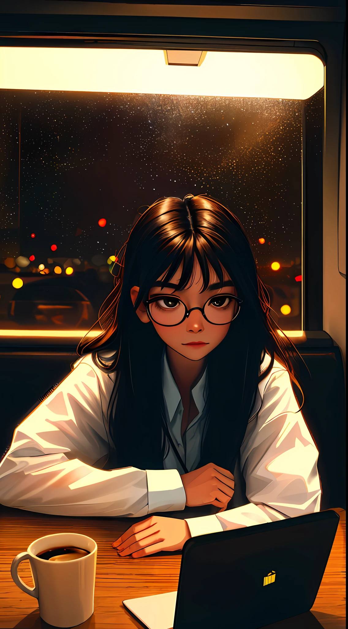 ((masterpiece, best quality, ultra detailed, ultra high res)), ((night)), (distant), chiaroscuro, coffee, indoors, solo focus, pov, (through the window), (armrest), 1girl, facing away, black hair, long hair, distracted, sitting, black collar shirt, (looking away), streetspace, neon lights, particles, dark eyes, black eyes, prescription glasses, round glasses
