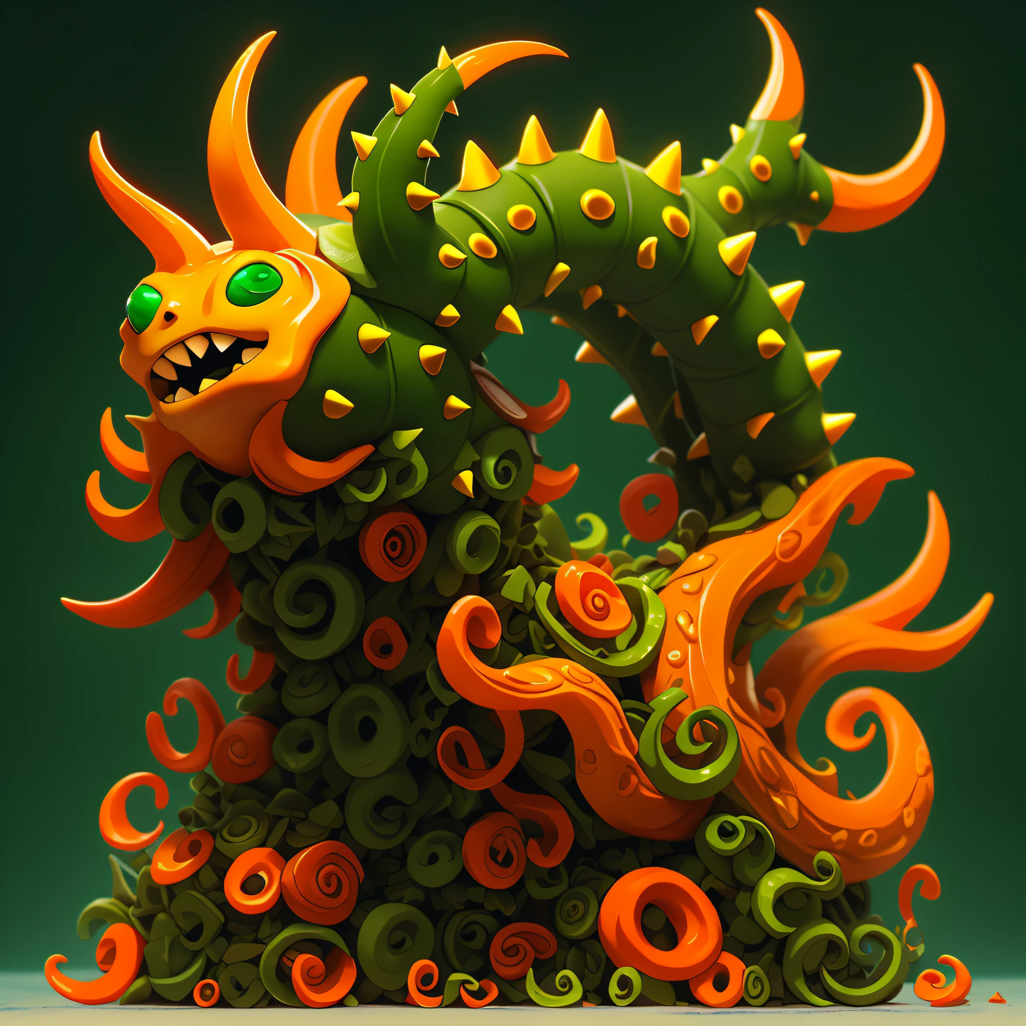 cephalopod, (cephalopod), orange-green tentacles, dark green curved horns, tan spiked horns, olive-green spiked snail shell , masterpiece, Best Quality
