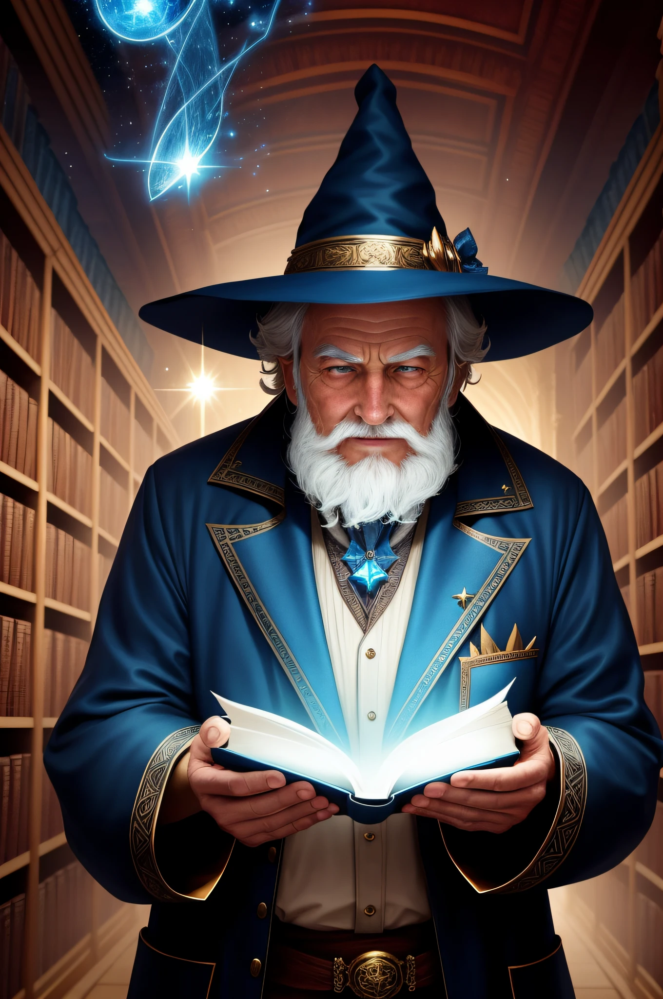 Style-NebMagic, an award winning masterpiece character concept art of solo, up close,a wizard holding up magic spellbook pulsing with celestial Style-Nebmagic, magic book, wrinkled skin, fantasy wizard hat, jovial, short old man, inside a ((magical library)) where the ceiling is made of stars, full body, close up, looking at viewer, mysterious ambiance, mystery, intrigue, laughter, dynamic lighting, beautiful lighting