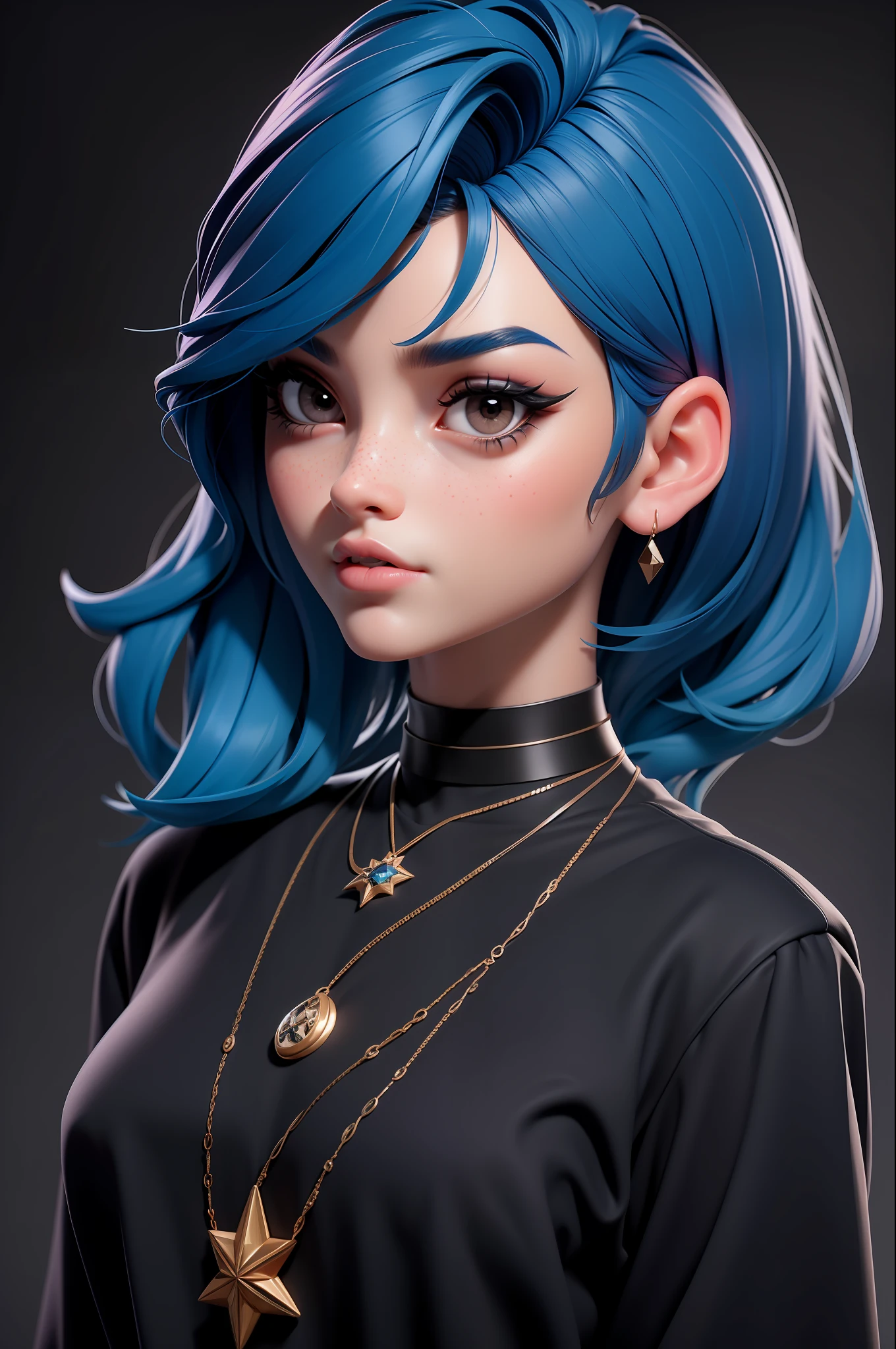 masterpiece, best quality,3d rending work ,3DMM style,close-up,portrait, 3D,1girl, solo, multicolored hair, blue hair, black hair, necklace, freckles, jewelry, two-tone hair, looking to the side, realistic, upper body, simple background, bangs, looking away, short hair, parted lips, black eyes, lips, gothic, choker, makeup, mole, black shirt, shirt, watermark