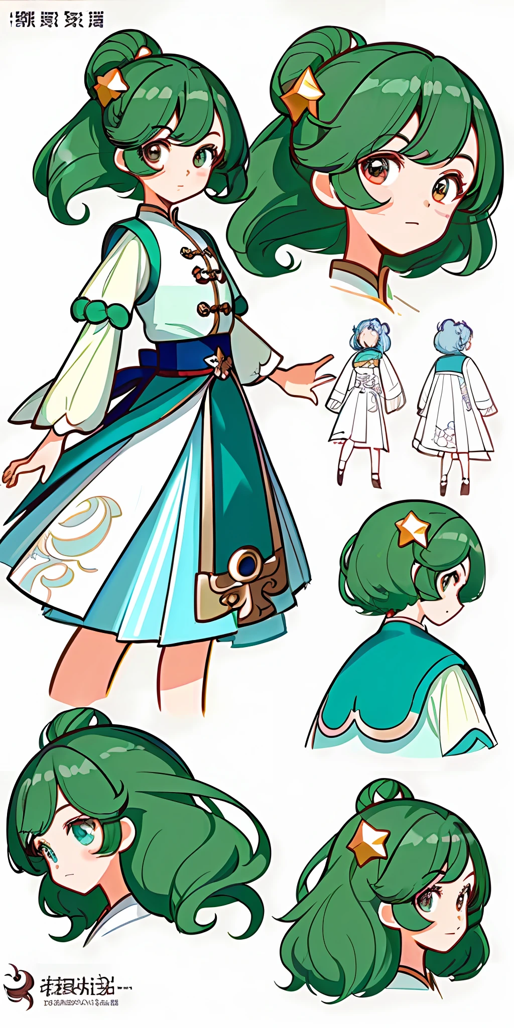 ((masterpiece)),(((best quality))),(character design sheet, same character, front, side, back), illustration, 1 girl, hair color, bangs, hairstyle fax, eyes, environment change scene, Hairstyle Fax, Pose Zitai, Female, Shirt Shangyi, Star, Charturnbetalora, (simple background, white background: 1.3), --6