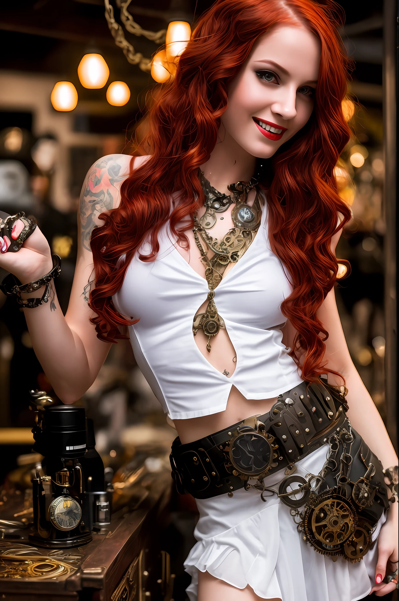 A steampunk girl at a party, (white top: 1.2), medium breasts, black and blue leather, tattoo, hyperdetailed, ultra-sharp, long red hair, 8K, (insanely detailed: 1.5), full body photography, 20 megapixels, Canon EOS R3, detailed skin, pale skin, smiling