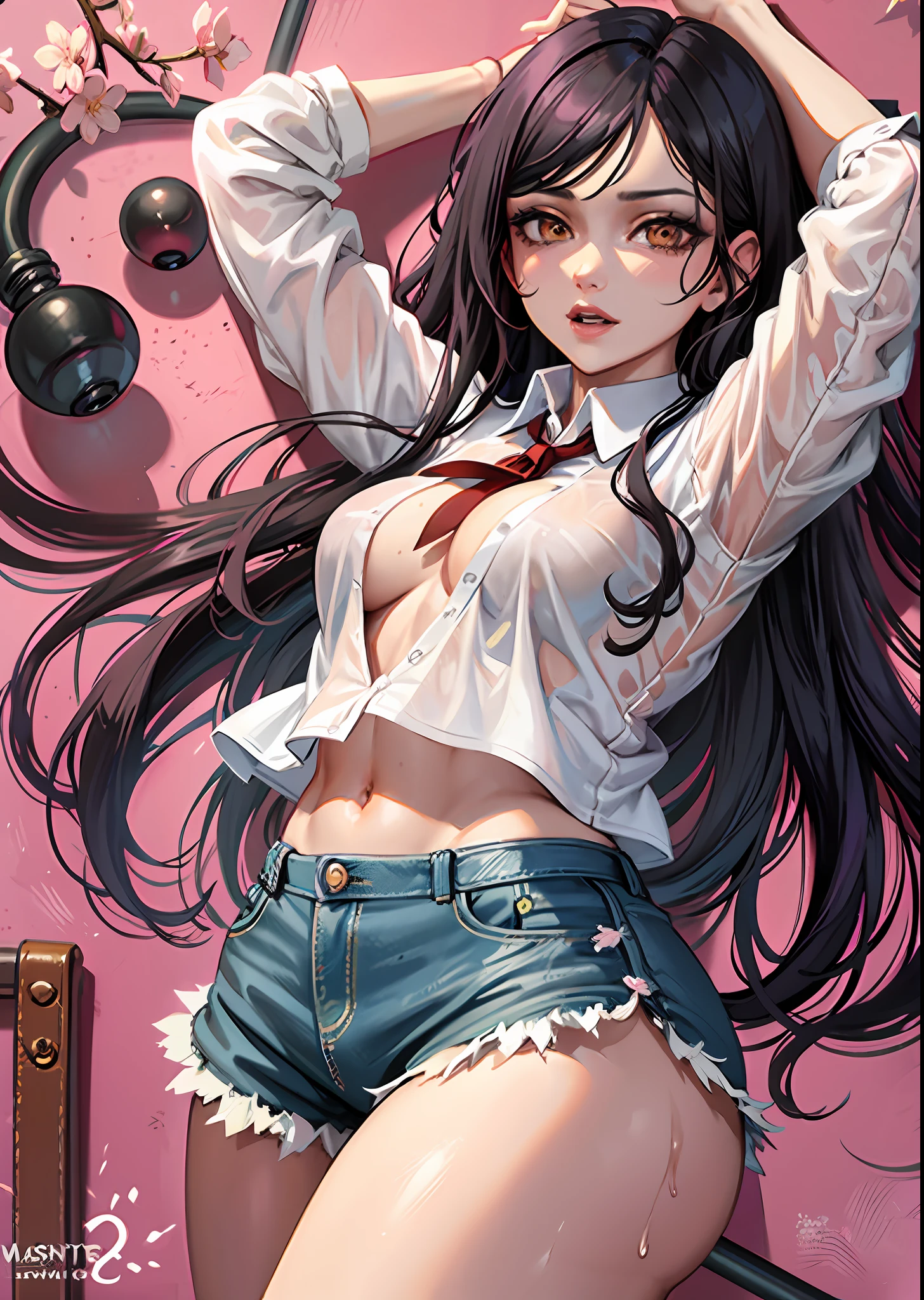 masterpiece, 1girl, long hair, black hair, yellow eyes, white shirt, wet shirt, medium breasts, short shorts, thick hips, firm ass, erotica, cherry blossom background