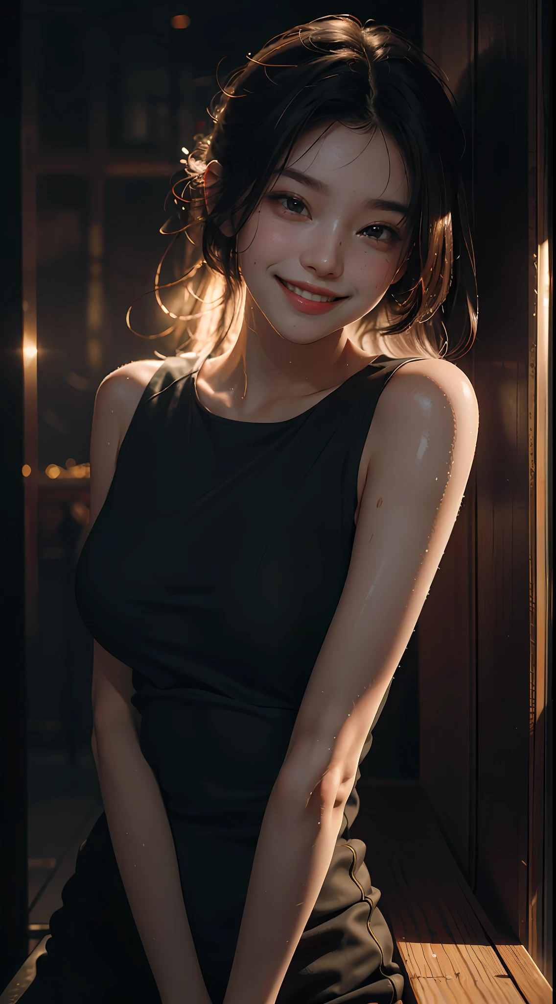 Top quality, masterpiece, ultra high definition, (Reality: 1.4), Original photo, 1Girl, cinematic lighting, smile, bright, photo-like, sweaty, face red, pose to take photo