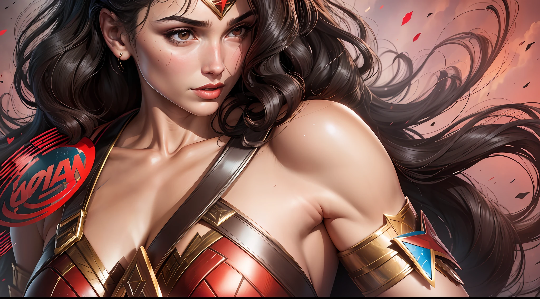 A closeup of a woman in a red and black costume, Wonder Woman, sexy painting by Gal Gadot, hybrid by Gal Gadot, Gal Gadot super sexy, dressed as Wonder Woman, Superhero body, Portrait of Wonder Woman, Gal Gadot as Wonder Woman, high quality ultra resolution costume, hyper detailed costume, comic book character, DC Comics style, perfect anatomy, hands with 4 fingers and 1 thumb, rendered in 8K resolution for high quality detail, 8K image quality, 8K high resolution image, hyper detailed, super realistic, intricate details --auto --s2