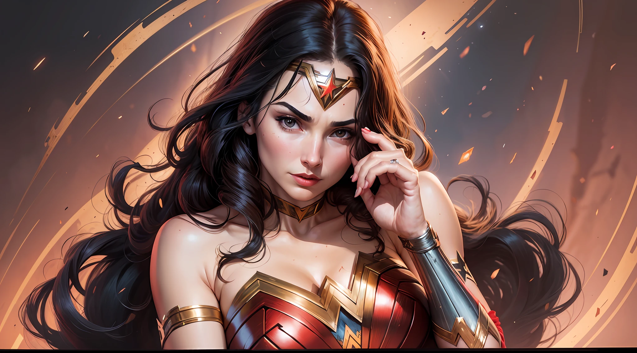 A closeup of a woman in a red and black costume, Wonder Woman, sexy painting by Gal Gadot, hybrid by Gal Gadot, Gal Gadot super sexy, dressed as Wonder Woman, Superhero body, Portrait of Wonder Woman, Gal Gadot as Wonder Woman, high quality ultra resolution costume, hyper detailed costume, comic book character, DC Comics style, perfect anatomy, hands with 4 fingers and 1 thumb, rendered in 8K resolution for high quality detail, 8K image quality, 8K high resolution image, hyper detailed, super realistic, intricate details --auto --s2