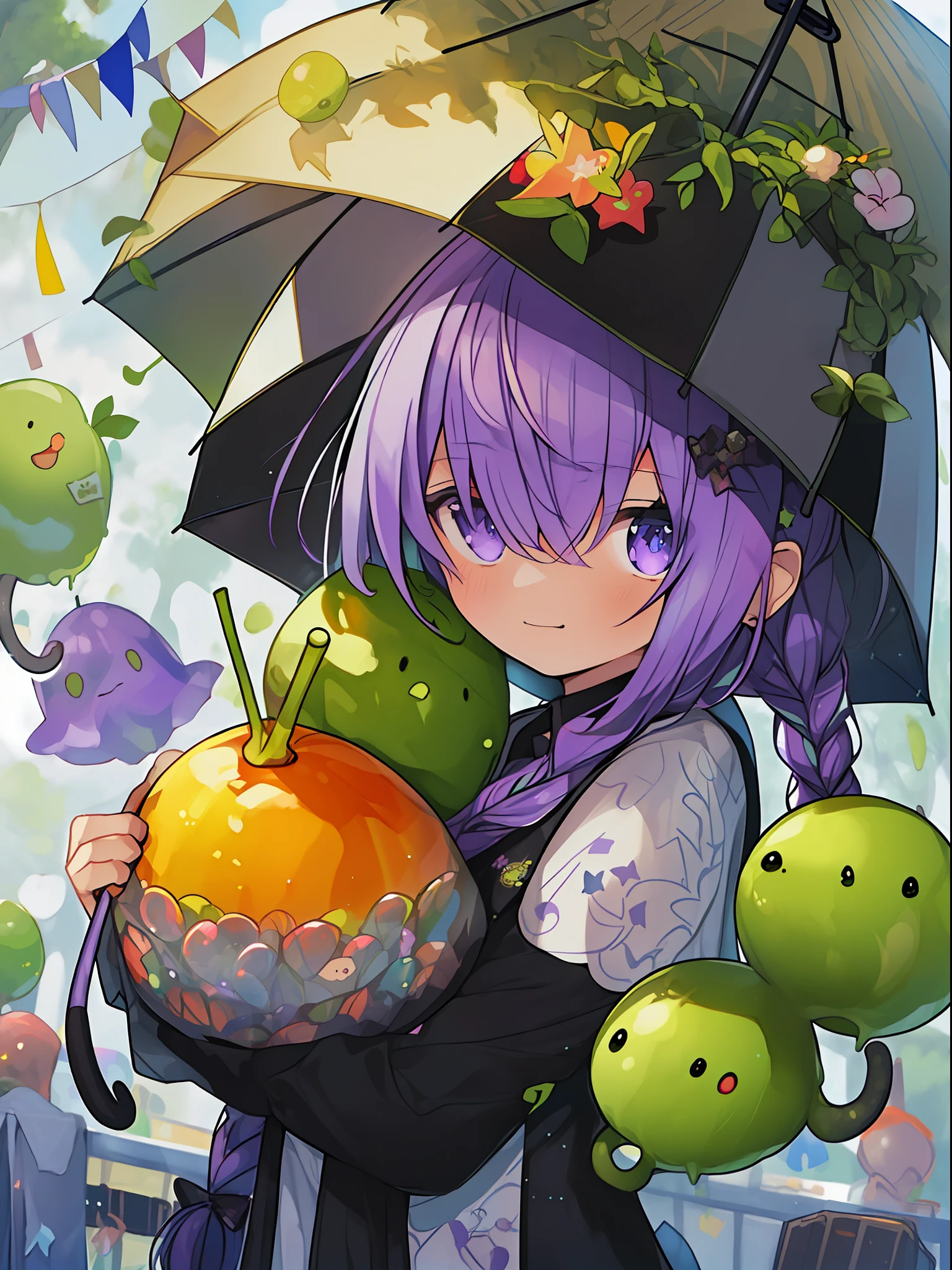 Pear, (((umbrella with drawings on the inside, hairstyle with purple hair and green coloring, braids, portrait of upper body))), big eyes, drooping eyes, bright expression, height 165 cm, scale 1/20, light and shadow of Sertefan, illustration using the Octane renderer, cartoon-style illustration with a child-themed theme featuring characters, fantasy RPG atmosphere, Originality that attracts the attention of the audience, illuminated with warm color scheme, soft, high-quality images, details, accurate depiction, impressive poses and interesting activities, Mutsuki Conworks, highly detailed facial details, unique character design, anime-style boy, medium hair long, cherry pink-red hair color, blue eyes, not an ugly face, five fingers, symmetricalSkin color like marble, not ugly body, two arms, two legs, game clothes, game gloves, game boots, Caucasian, background long shot, (、、、、、、、 anime,、,、,、,、,、,- style boy, masterpiece: 1.5)), watercolor ink Original drawing, story movie, movie, manga illustration, cute, adorable, detailed photo realistic, wallpaper pencil drawing, eyelashed eyes, Dark Blue Moon, Pan Closet, Cyber, Virtual Reality, 2 Boys, 1 Butler Android, 1 chatGPT, Giant Yellow Fruit, World Tree, (((Ship)), Lanlanlu, Chic, Butler Who Can't Stop Ringing Tongue, 77777, Bonanza, Dancing Props, Fruits Wrapped in Yellow Translucent Outlines, Kowloon World Tree Reaching Dome Ceiling, towering over 20 at 0 meters, Worm virus, roots of giant trees along the coastline, big slime, (running debugging, operating applications, viruses, error sounds), handshake, surface tension of fruits, (competing emulators, range, Robert Robert, virtual reality, high-tech, competition, clones, android,,), blue Kowloon star, dome world, slime fruit, scattered flowers, bear fruit, transformation, green vine-like tendrils, countless feathers sprouting from the skin, Kowloon world tree with huge yellow fruits, proliferation life of the roots of giant trees that move like octopus tentacles an