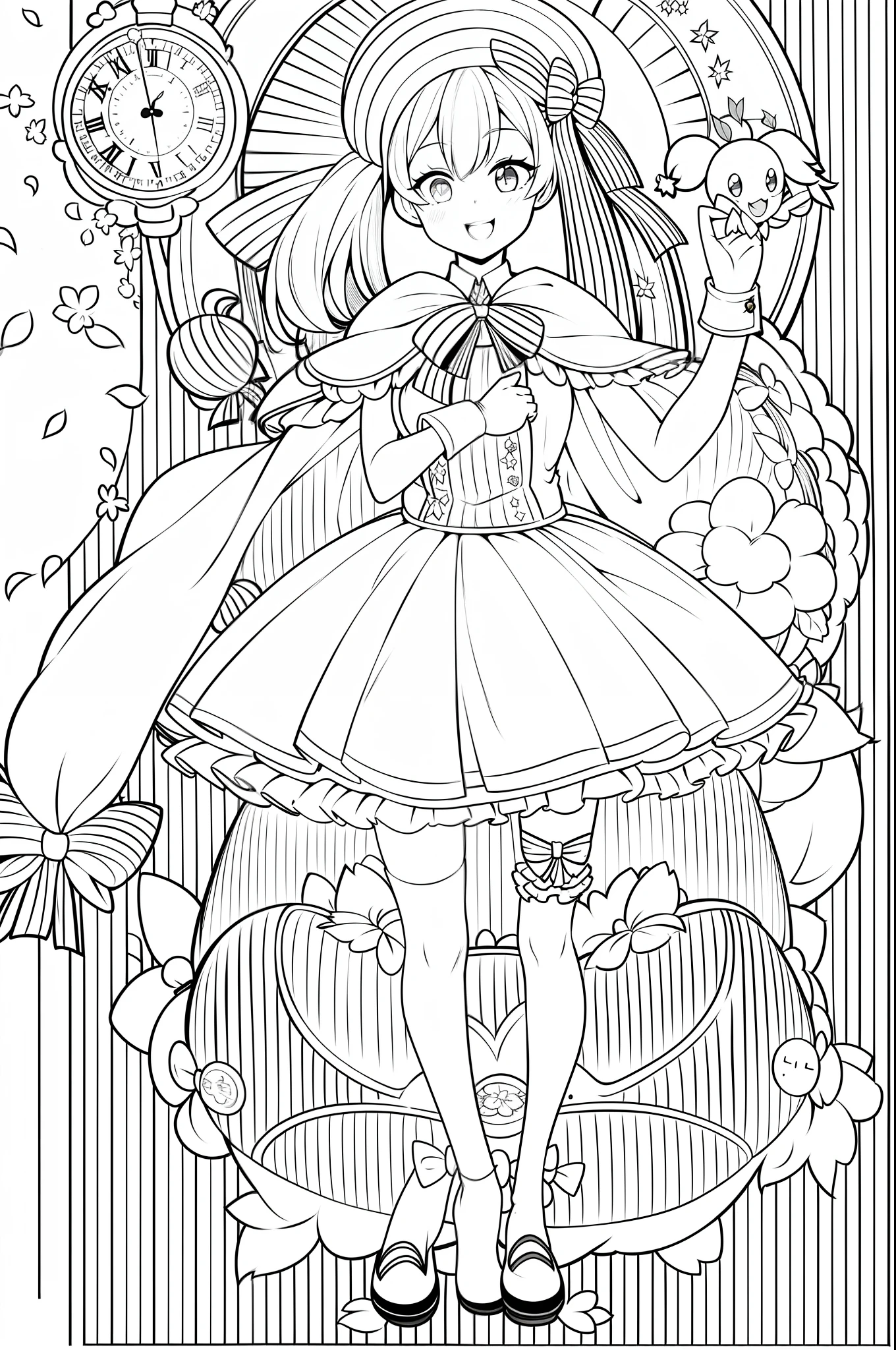 lineart, monochrome,masterpiece, best quality, 1girl, :d, animal,legwear, bow, bowtie, bunny, cape, cherry_blossoms, confetti, gloves, hat, kirima_sharo, looking_at_viewer, mary_janes, monocle, open_mouth, page_number, petals, pinstripe_pattern, shoes, simple_background, smile, striped, striped_bow, striped_legwear, thighhighs, twintails, vertical-striped_legwear, vertical_stripes, watch, white_gloves,