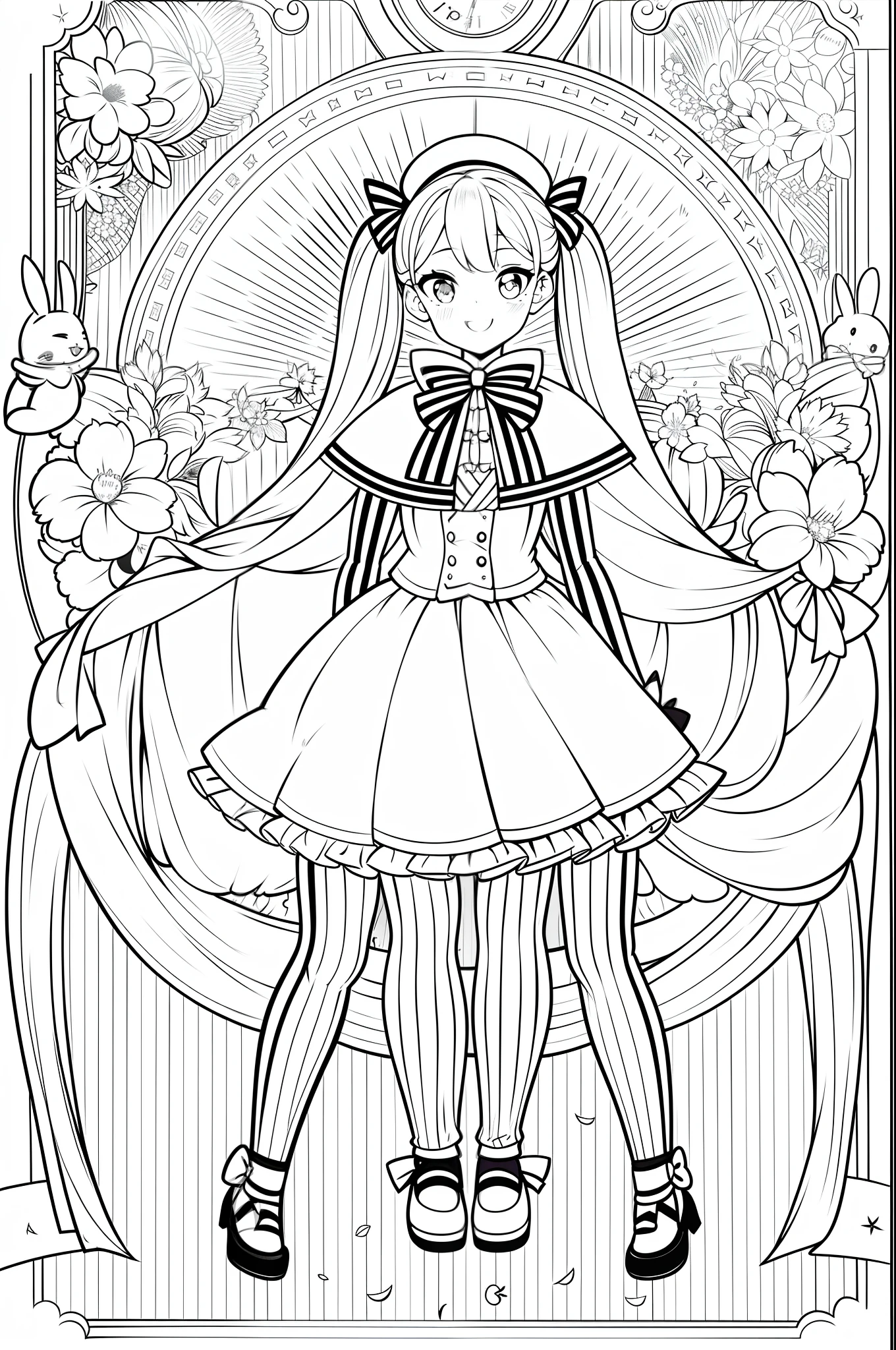 lineart, monochrome,masterpiece, best quality, 1girl, :d, animal,legwear, bow, bowtie, bunny, cape, cherry_blossoms, confetti, gloves, hat, kirima_sharo, looking_at_viewer, mary_janes, monocle, open_mouth, page_number, petals, pinstripe_pattern, shoes, simple_background, smile, striped, striped_bow, striped_legwear, thighhighs, twintails, vertical-striped_legwear, vertical_stripes, watch, white_gloves,