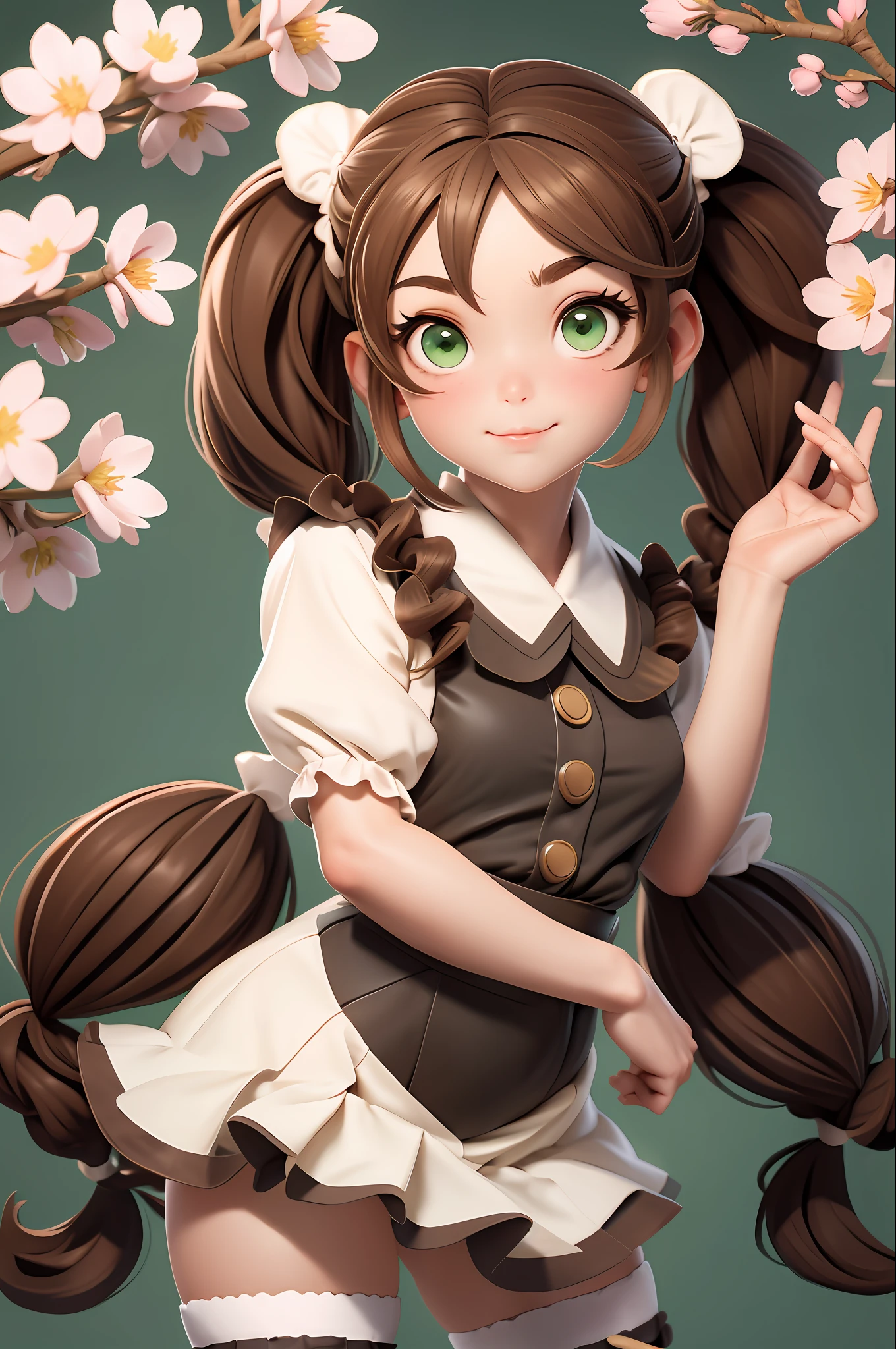 1girl, maid, ((twintails, brown hair):1.1), green eyes,cherry blossoms, sunbeam,(white thighhighs,:1.1)