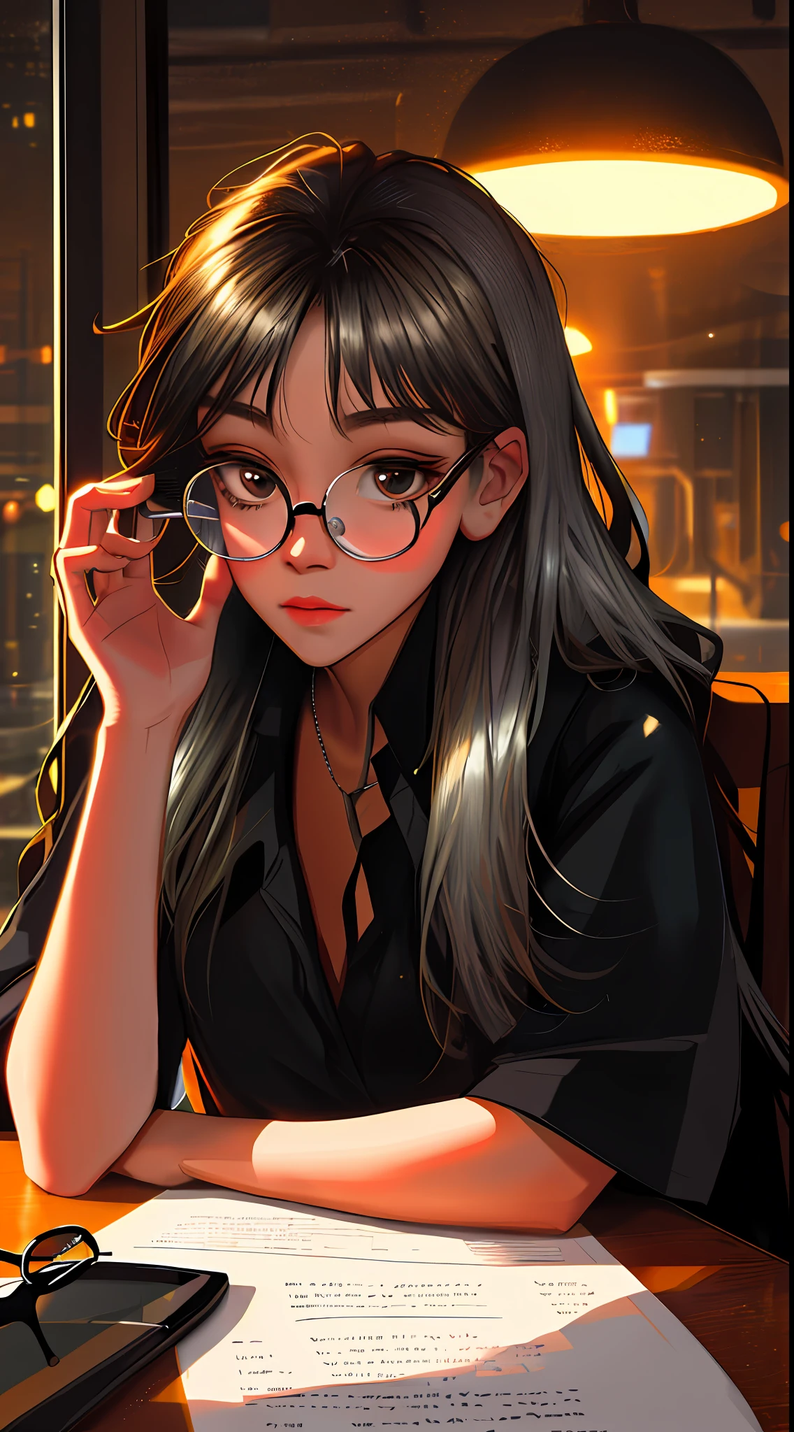 ((masterpiece, best quality, ultra detailed, ultra high res)), ((night)), (distant), chiaroscuro, coffee, indoors, solo focus, pov, (through the window), (armrest), 1girl, facing away, black hair, long hair, distracted, sitting, black collar shirt, (looking away), streetspace, neon lights, particles, dark eyes, black eyes, prescription glasses, round glasses (color of glasses: silver)