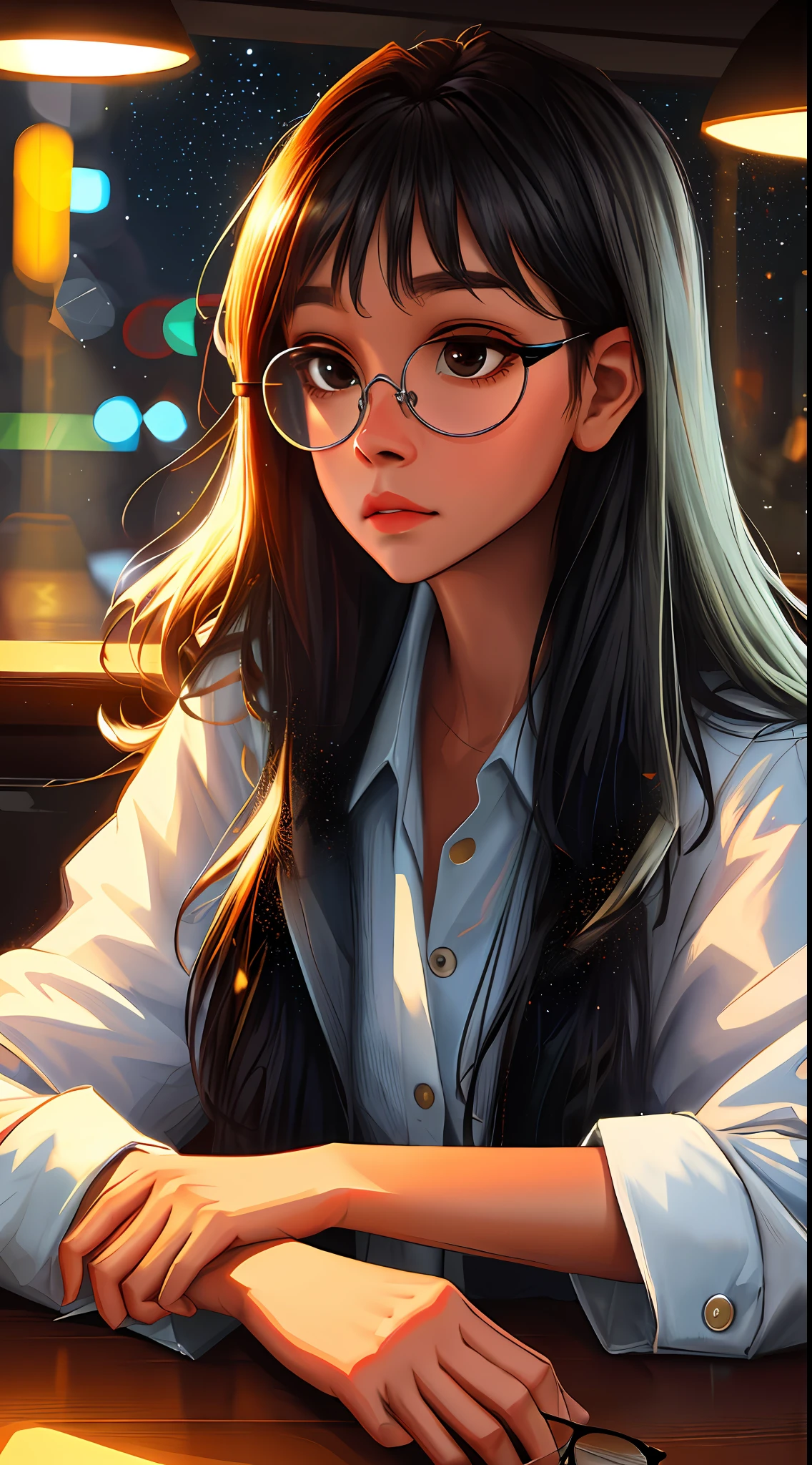 ((masterpiece, best quality, ultra detailed, ultra high res)), ((night)), (distant), chiaroscuro, coffee, indoors, solo focus, pov, (through the window), (armrest), 1girl, facing away, black hair, long hair, distracted, sitting, black collar shirt, (looking away), streetspace, neon lights, particles, dark eyes, black eyes, prescription glasses, round glasses (color of glasses: silver)