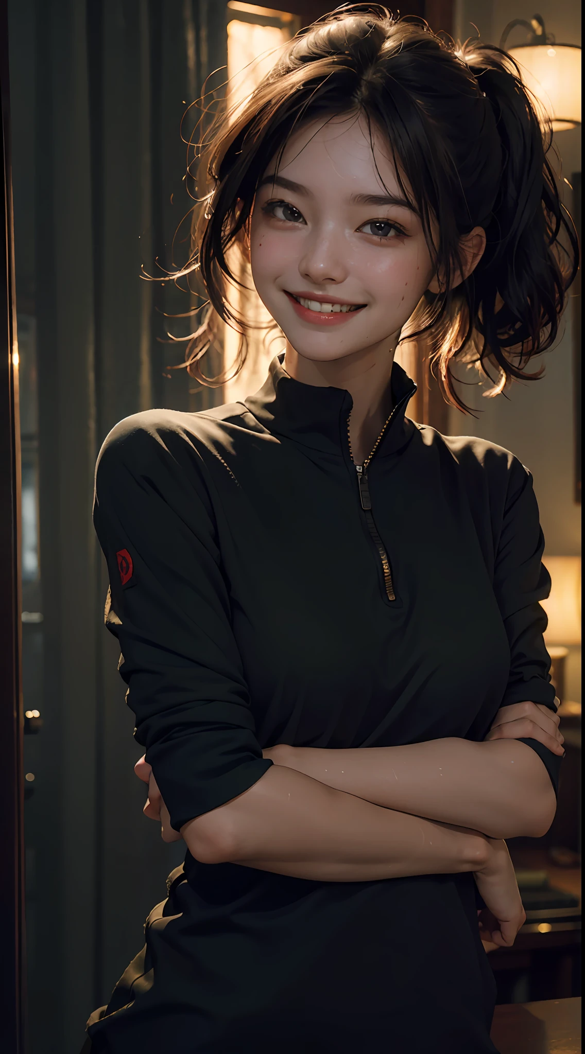 Top quality, masterpiece, ultra high definition, (Reality: 1.4), Original photo, 1Girl, cinematic lighting, smile, bright, photo-like, sweaty, face red, pose to take photo