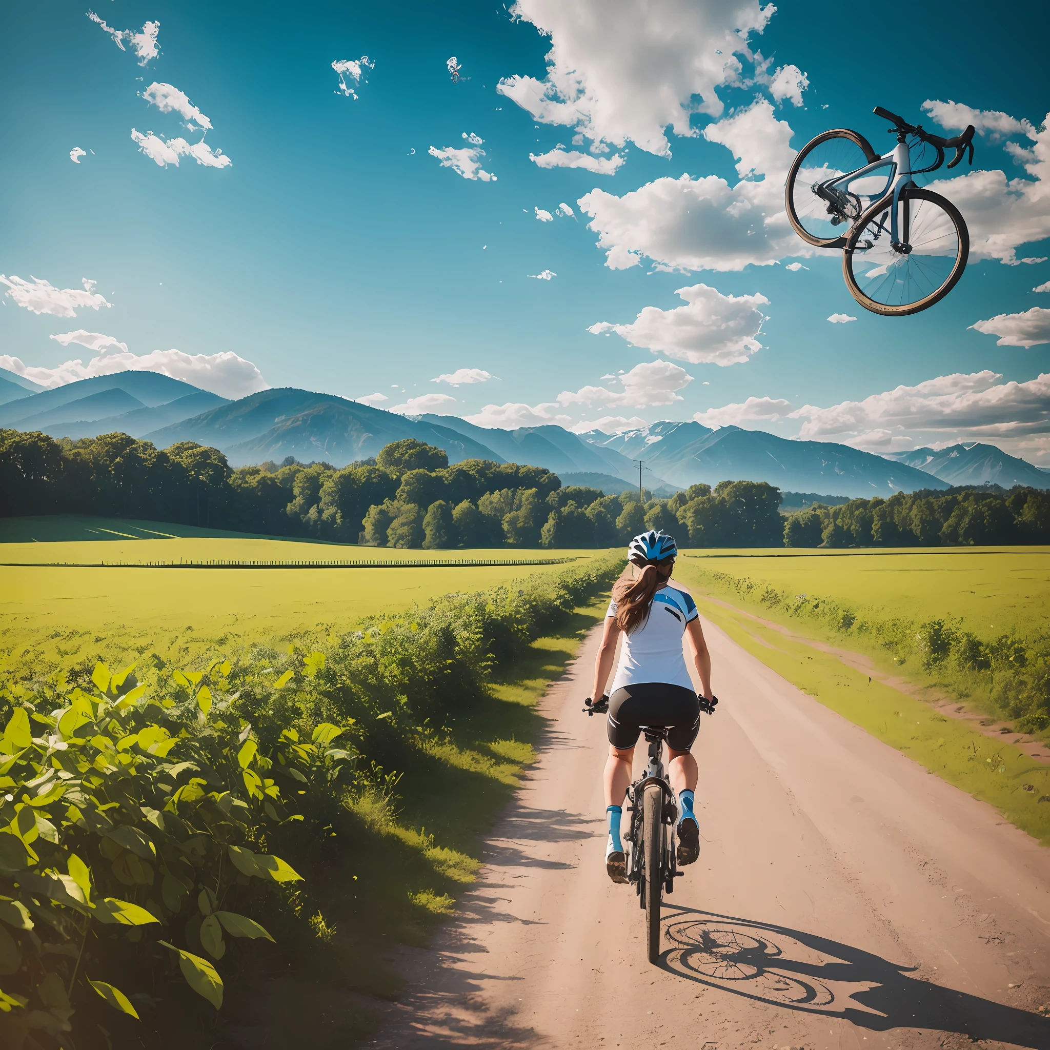 The photo captures the serene beauty of a rural landscape in high resolution 8k and in RAW format, ensuring the best possible quality. The main focus is on a woman pedaling her bike on a dirt road, surrounded by green fields and picturesque mountains. The image is a true masterpiece due to its incredible reality, texture and detail. It looks almost photorealistic, with the bike and the woman seeming to come out of the image itself. This photo is a perfect representation of the freedom and peace one can find on a bike ride down a country road. --auto --s2