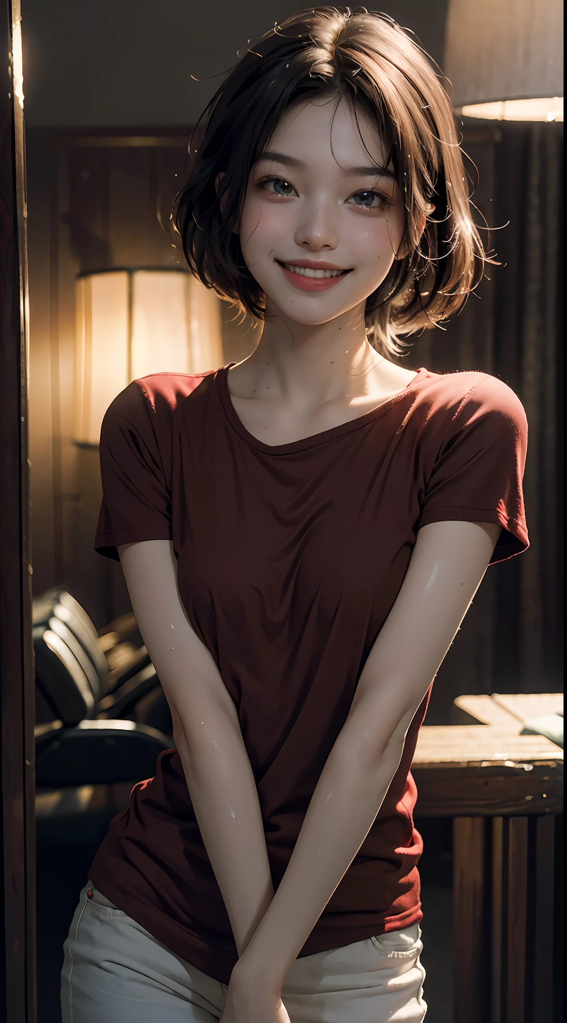 Top quality, masterpiece, ultra high definition, (Reality: 1.4), Original photo, 1Girl, cinematic lighting, smile, bright, photo-like, sweaty, face red, pose to take photo