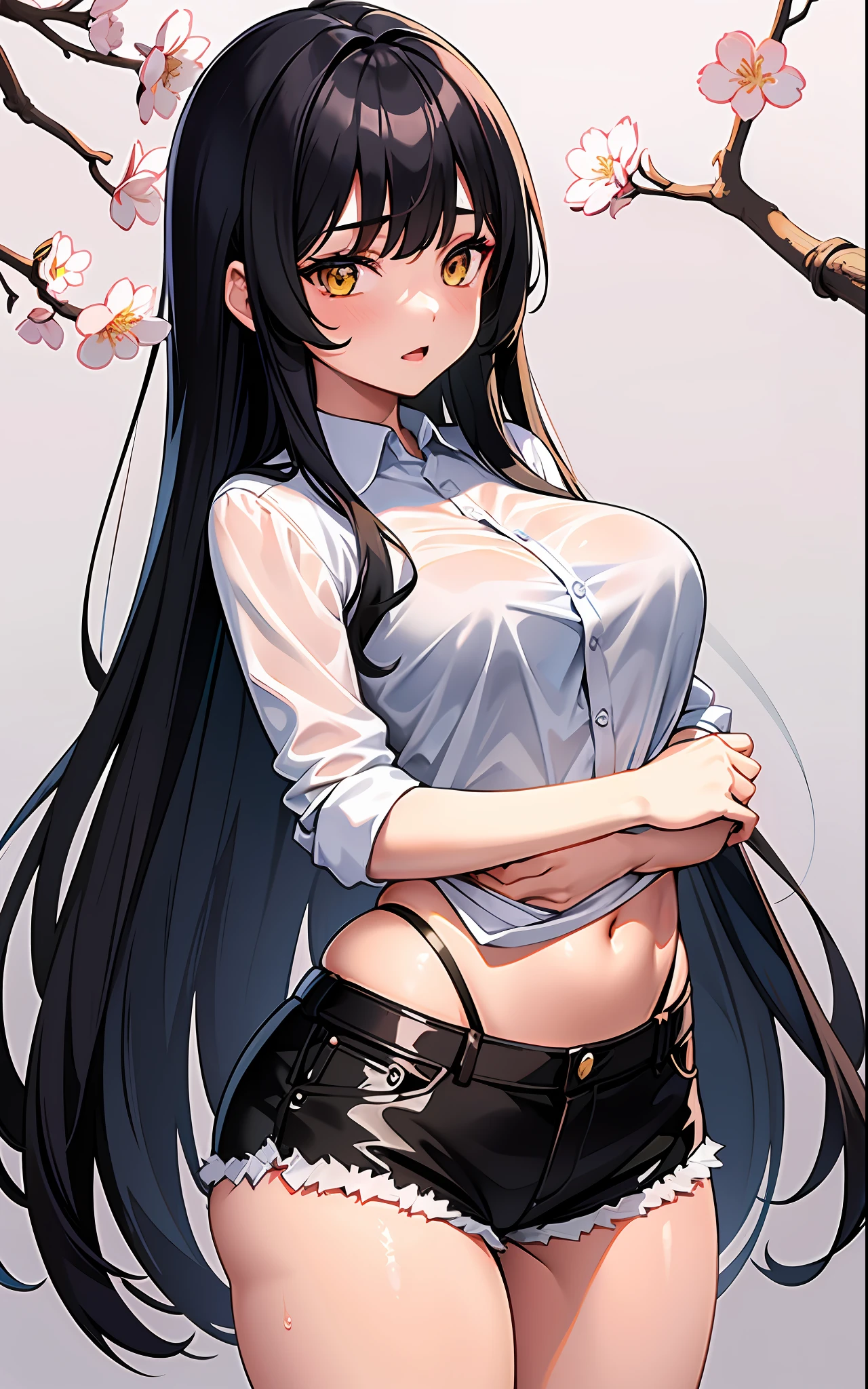 masterpiece, 1girl, long hair, black hair, yellow eyes, white shirt, wet shirt, medium breasts, short shorts, thick hips, firm ass, erotica, cherry blossom background