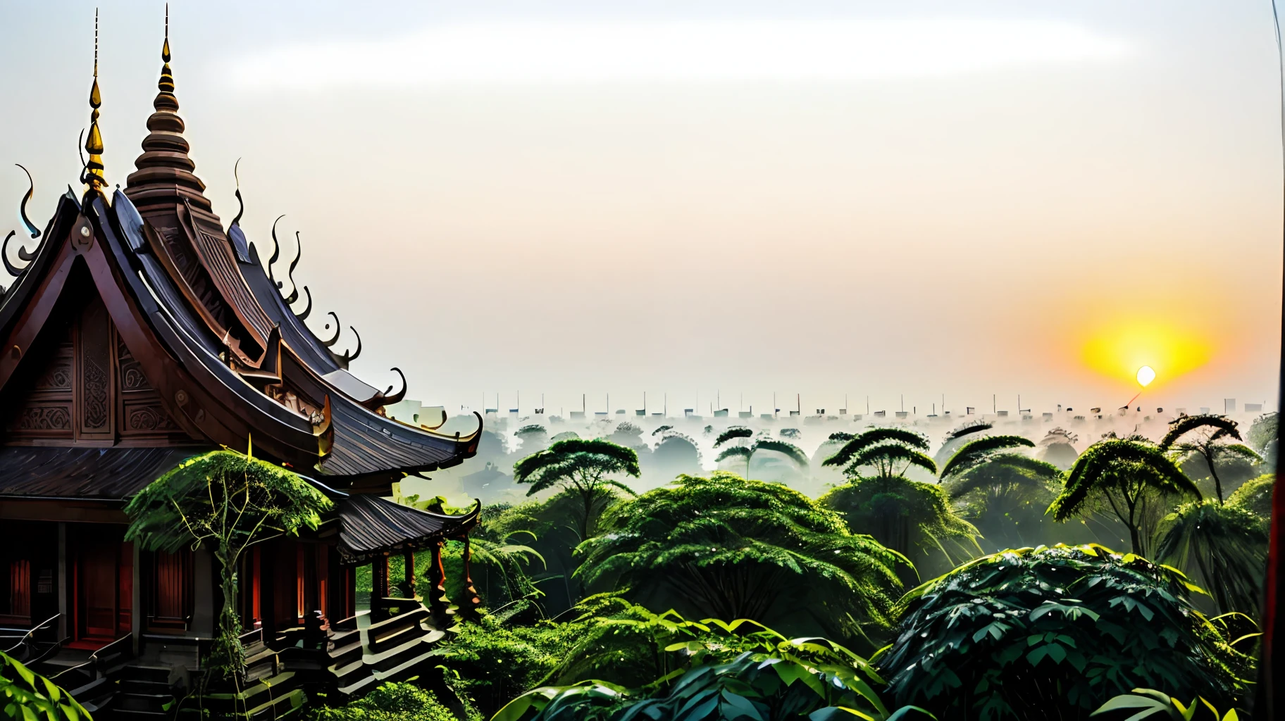 The morning sun in Thailand shines into the forest, there is a temple next to it, there are a few lights in the temple, the surrounding area is foggy, and there are large guest trees next to the temple