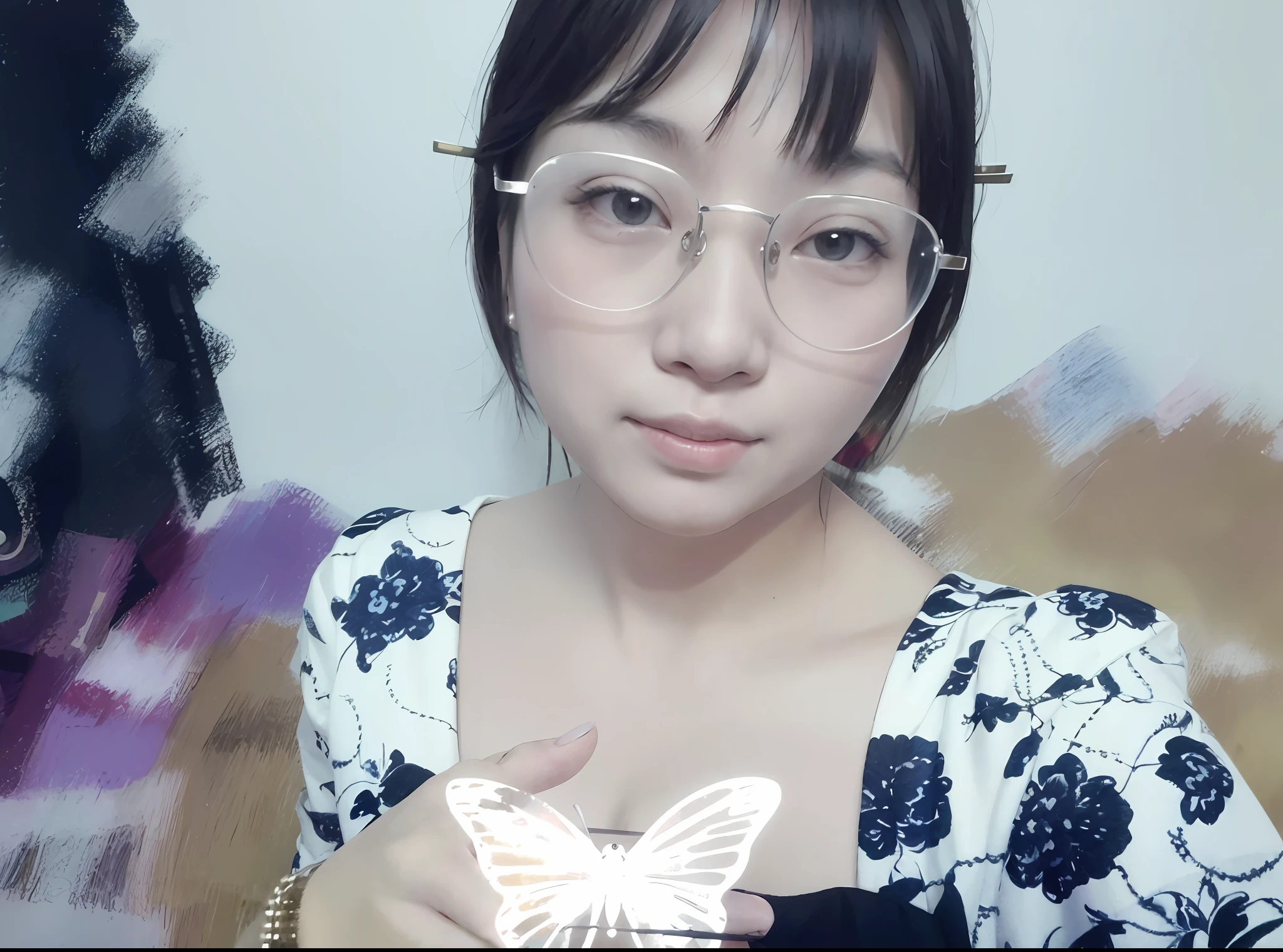 There is a woman wearing a butterfly in her hand, Guvizi, Wuerzang, 8K selfie photo, Chen Xintong, wearing glasses, Zhongyuan Festival, clear and cute face, Ye Wenfei, Lin Qifeng, low-quality photo, Yoshitomo Nara, inspired by Ma Yuanyu