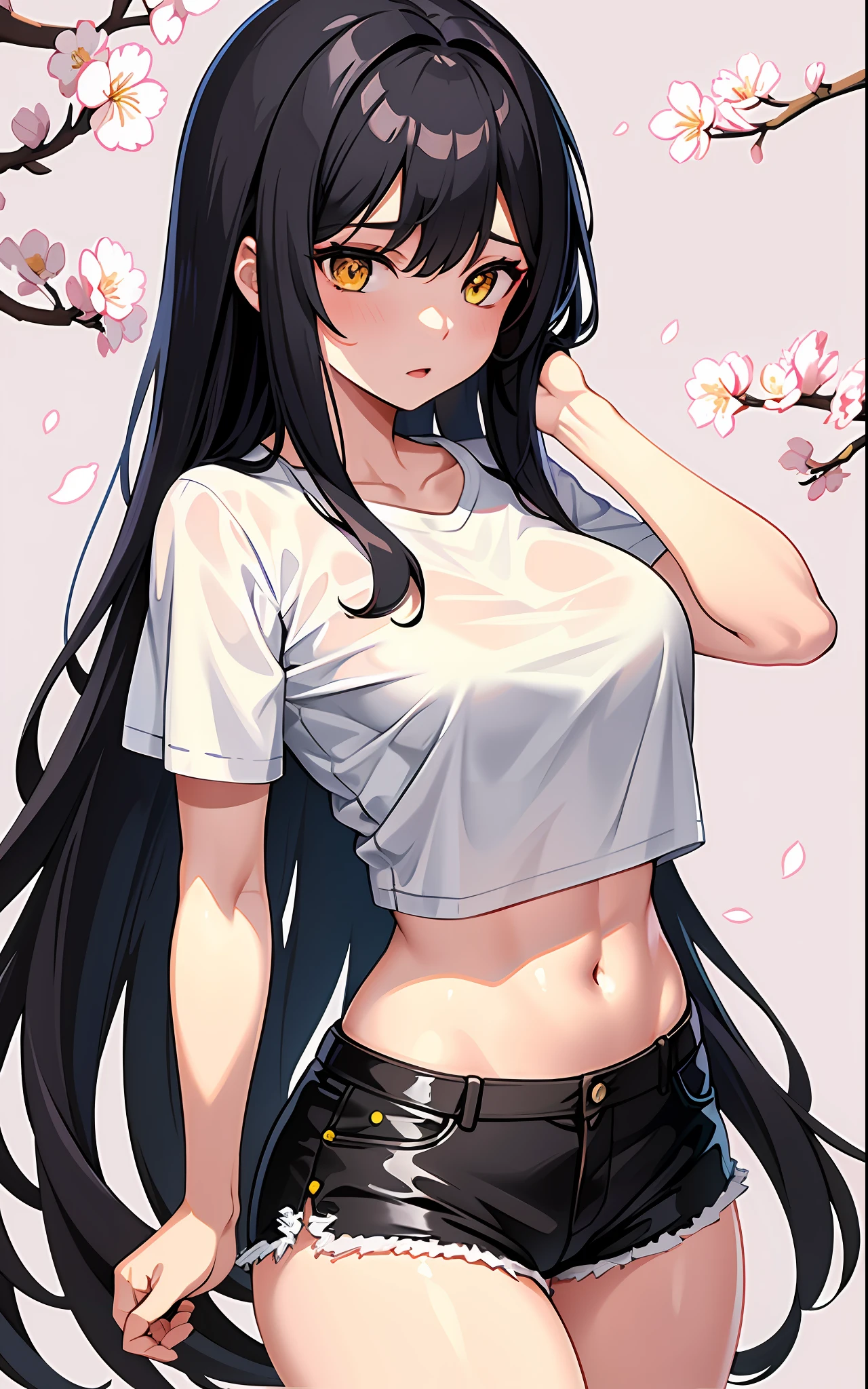 masterpiece, 1girl, long hair, black hair, yellow eyes, white shirt, wet shirt, medium breasts, short shorts, thick hips, firm ass, erotica, cherry blossom background