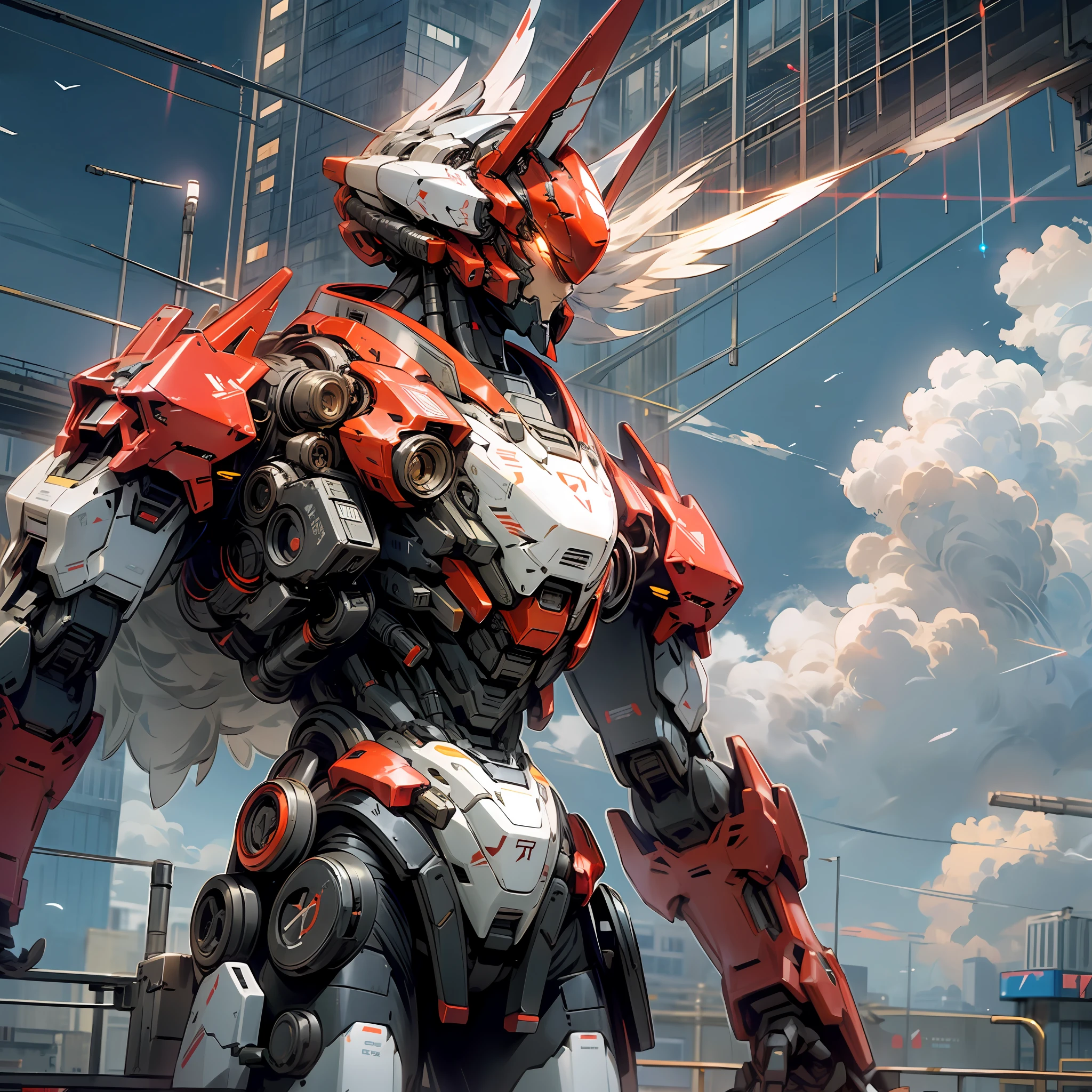 sky, cloud, holding_weapon, no_humans, glow, , robot, building, glowing_eyes, mecha, science_fiction, city, reality, mecha, red parts, white parts, mecha wings, robot wings, --auto --s2