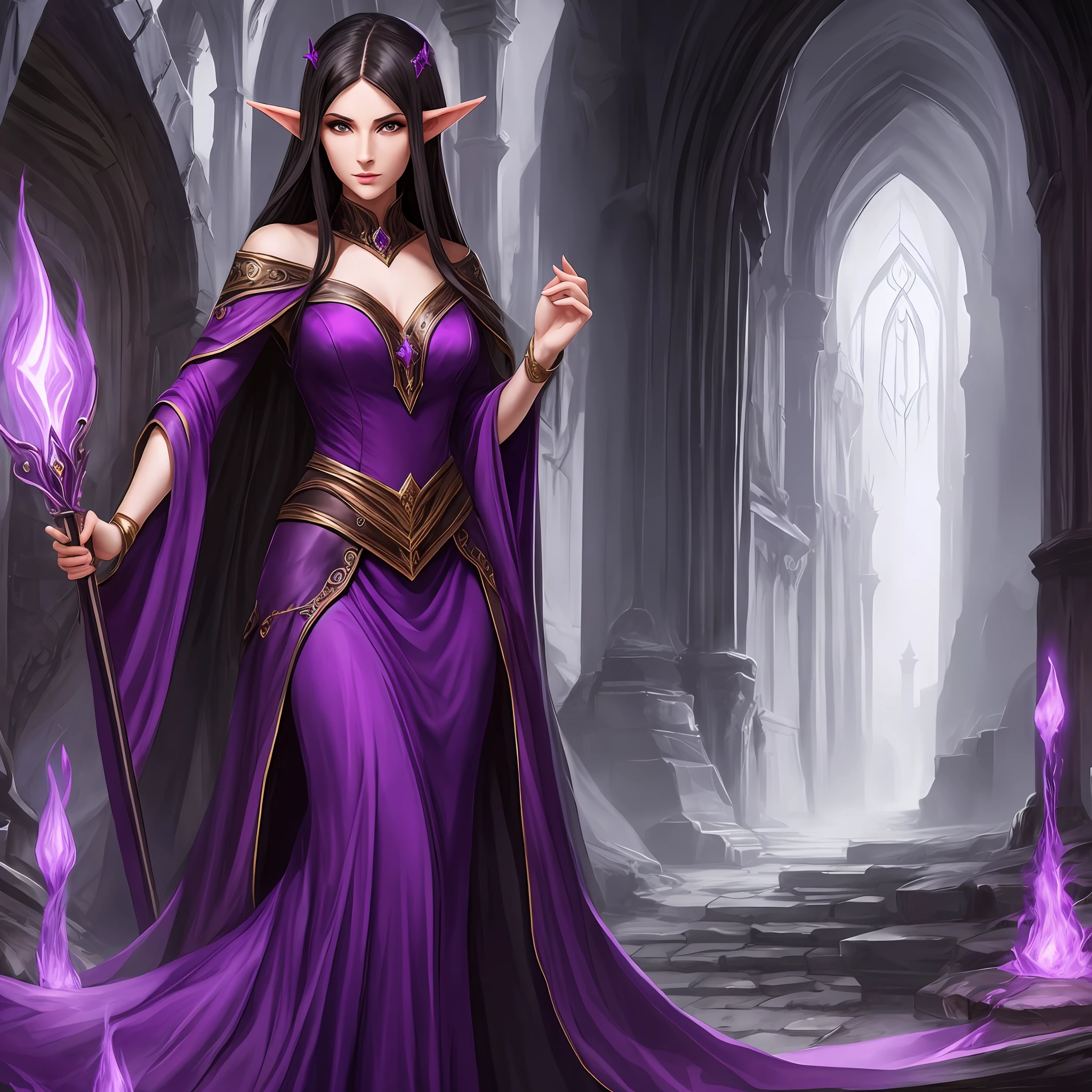 Dark-haired elf in purple dress, Liliana Wess, dark fantasy, good sorceress, closed dress, strict, kind, alone, 1