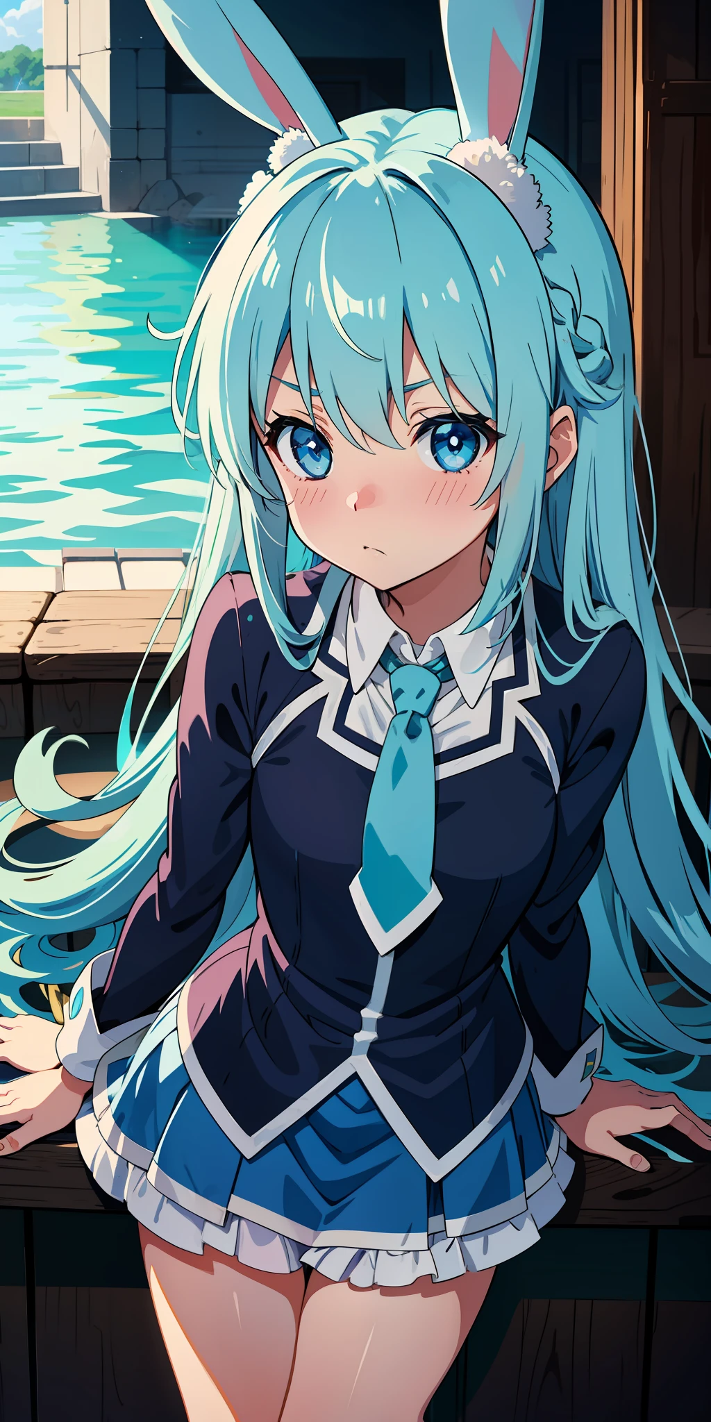 Aqua_konosuba with long light blue hair and rabbit ears in blue tie, blue-colored eyes, shy blush