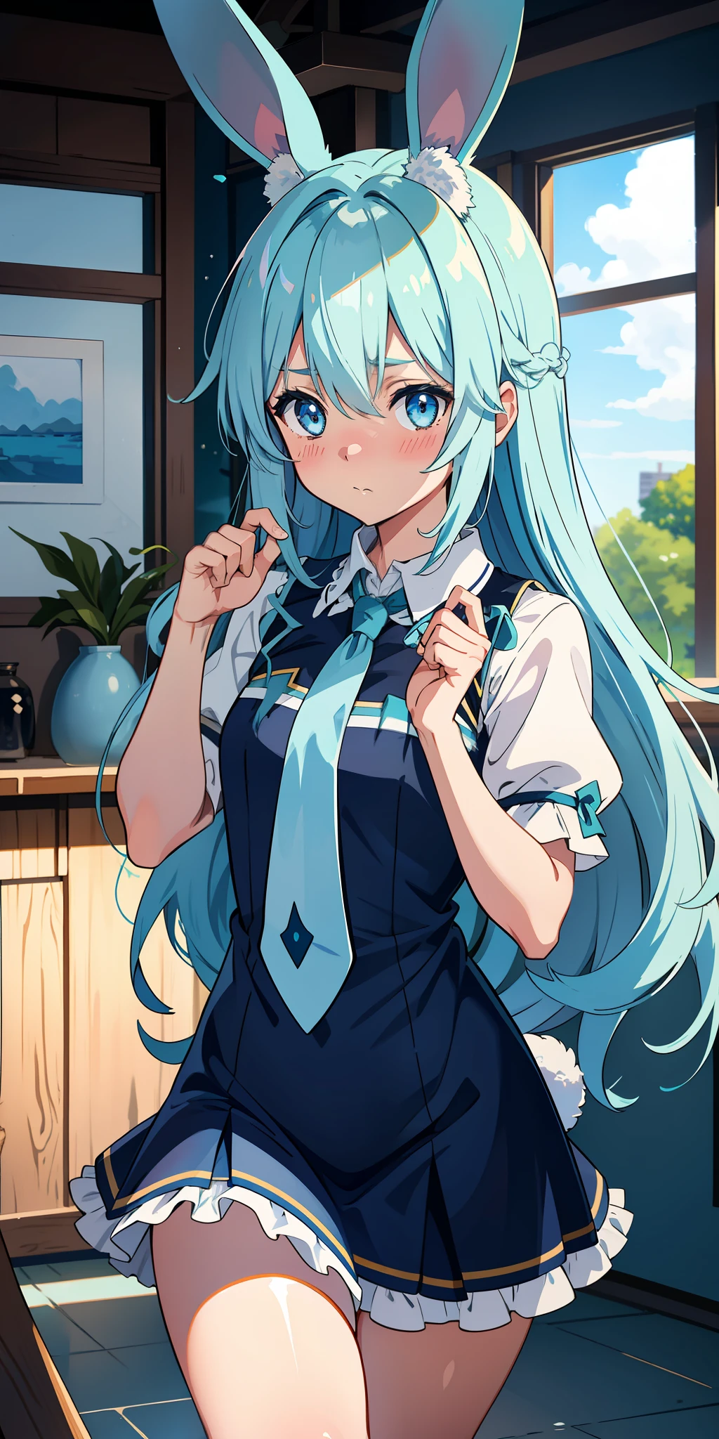 Aqua_konosuba with long light blue hair and rabbit ears in blue tie, blue-colored eyes, shy blush