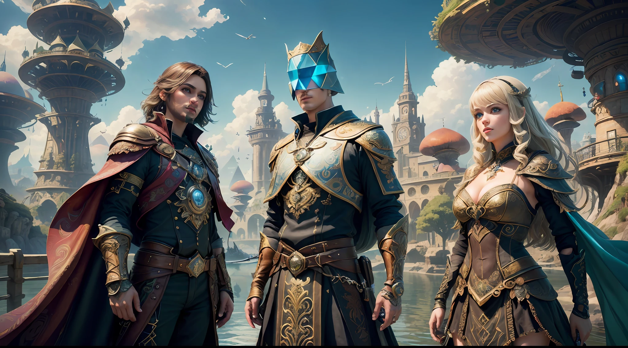 (((Multiplayer, Vivid Eyes, Man and Woman))), Best Quality, Realistic, Realistic, Award-Winning Illustrations, (Intricate Details: 1.2), (Fine Details), (Intricate Details), (Cinematic Light, Best Quality Backlight), Clear Lines, Sharp Focus, Official Art, Unity 8k Wallpapers, Ridiculous, Incredibly Absurd, Fantasy Art, (((Full Body Portrait))), RTX, ((Award-winning Triangle Studio Close-up Photo)), 1 couple, (shut up), best quality, 4K, beautiful mysterious creatures, female, flying, surrealism, masterpiece by ncwinters, in a mysterious country town, masterpiece, intricate details, ff14style, urban painting, bridge, river, giant mushroom, landscape, bright colors,