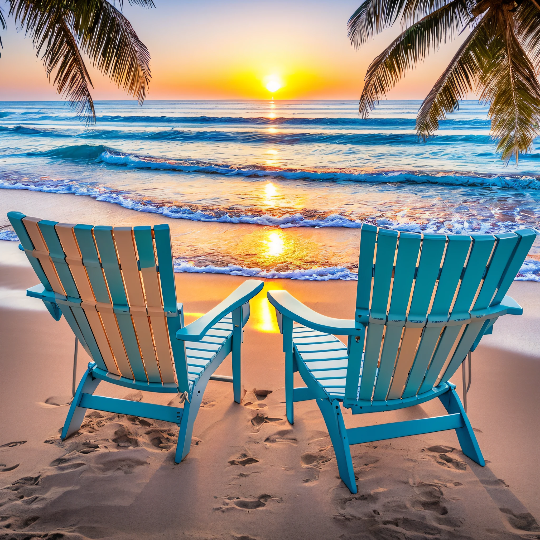 Pesoas sitting in two beach chairs watching the sunset image of coast of the chairs the background the sunset realism vibrant photo
