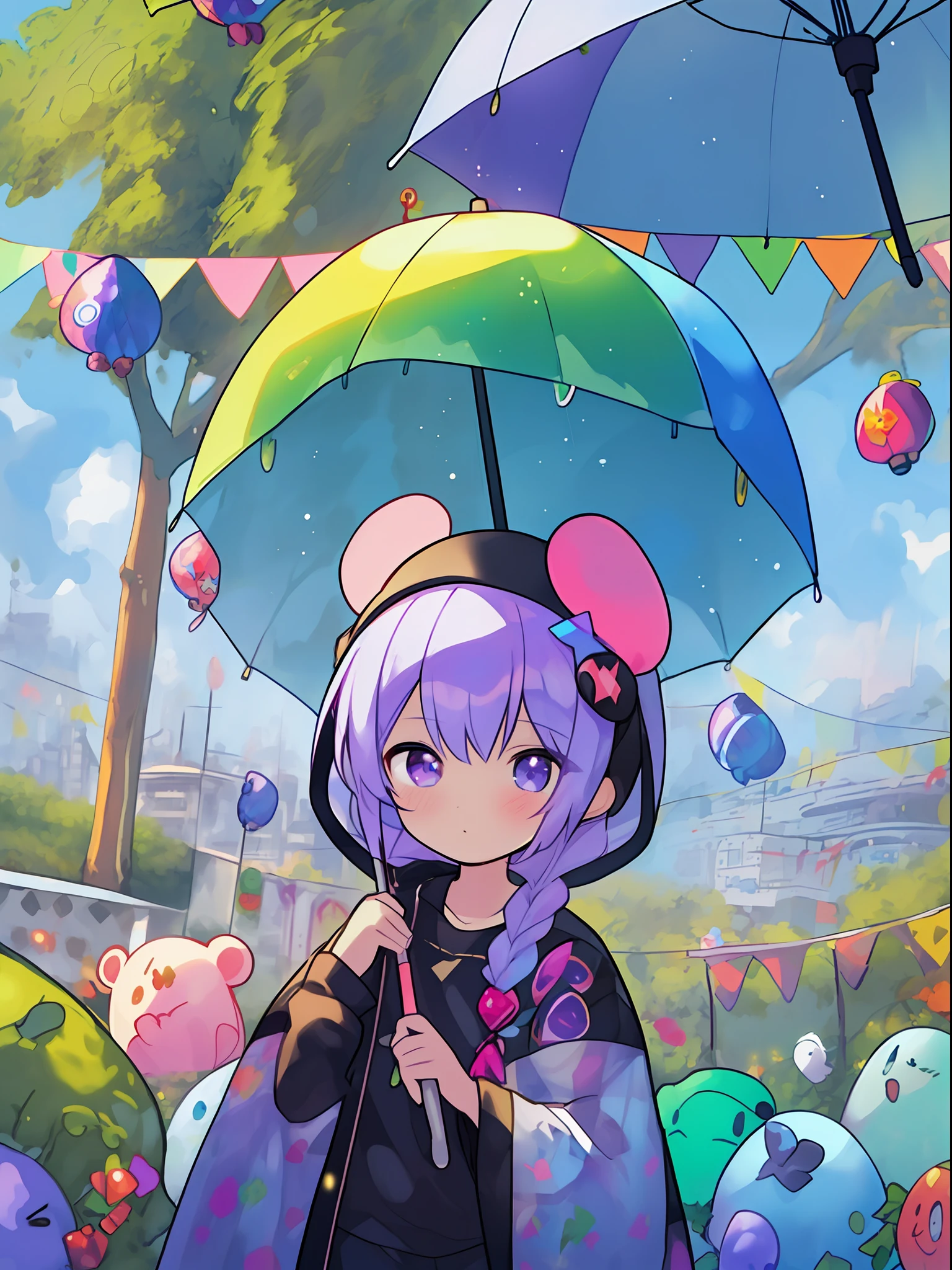 pears in pale yellow color, (((umbrella with a picture on the inside, hairstyle with purple hair and green coloring, braid, portrait of upper body))), big eyes, drooping eyes, bright expression, height 165 cm, scale 1/20, light and shadow of Sertefan, illustration using the Octane renderer, anime-style illustration with a child-themed theme featuring characters, Fantasy RPG atmosphere, warm color scheme, soft, illuminated with high-quality images, details and accurate depiction, originality that attracts the attention of the audience, impressive poses and interesting activities, Mutsuki Con Works, highly detailed facial details, unique character design, anime-style boy, medium hair long, cherry pink-red hair color, blue eyes, Not an ugly face, five fingers, symmetrical, marble-like skin color, not an ugly body, two arms, two legs, game clothes, game gloves, game boots, Caucasian, background long shot, ((、、、、、、、 anime,、,、,、,、,、,-style boy, masterpiece: 1.5)), watercolor ink Original drawing, story movie, movie, manga illustration, cute, adorable, Detailed photo realistic, wallpaper pencil drawing, eyelashed eyes, dark blue moon, pan closet, cyber, virtual reality, 2 boys, 1 butler android, 1chatGPT, giant yellow fruit, world tree, (((ship)), lanlanlu, chic, butler who can't stop ringing, 77777, bonanza, dancing props, fruits wrapped in yellow translucent outlines, Kowloon World Tree, Worm Virus, Roots of Giant Trees Along the Coastline, Big Slime, Towering Over 20 of 0 Meters, Dome Ceiling, Handshake, Surface Tension, (Competing Emulators, Range, Robert Robert, Virtual Reality, Hi-Tech, Competition, Clones, Android,,) , Blue Kowloon Star, Dome World, Slime Fruit, Scattered Flowers, Bear Fruit, Metamorphosis, Green Vine-like Tendril, Countless Feathers Sprouting from the Skin, Kowloon World Tree with Huge Yellow Fruit, Giant Tree Root Proliferation Life, Moves Like Octopus Tentacles, Disguised as an Ocean, (Application Operating Range), Large Slime Berry, Constant Siz