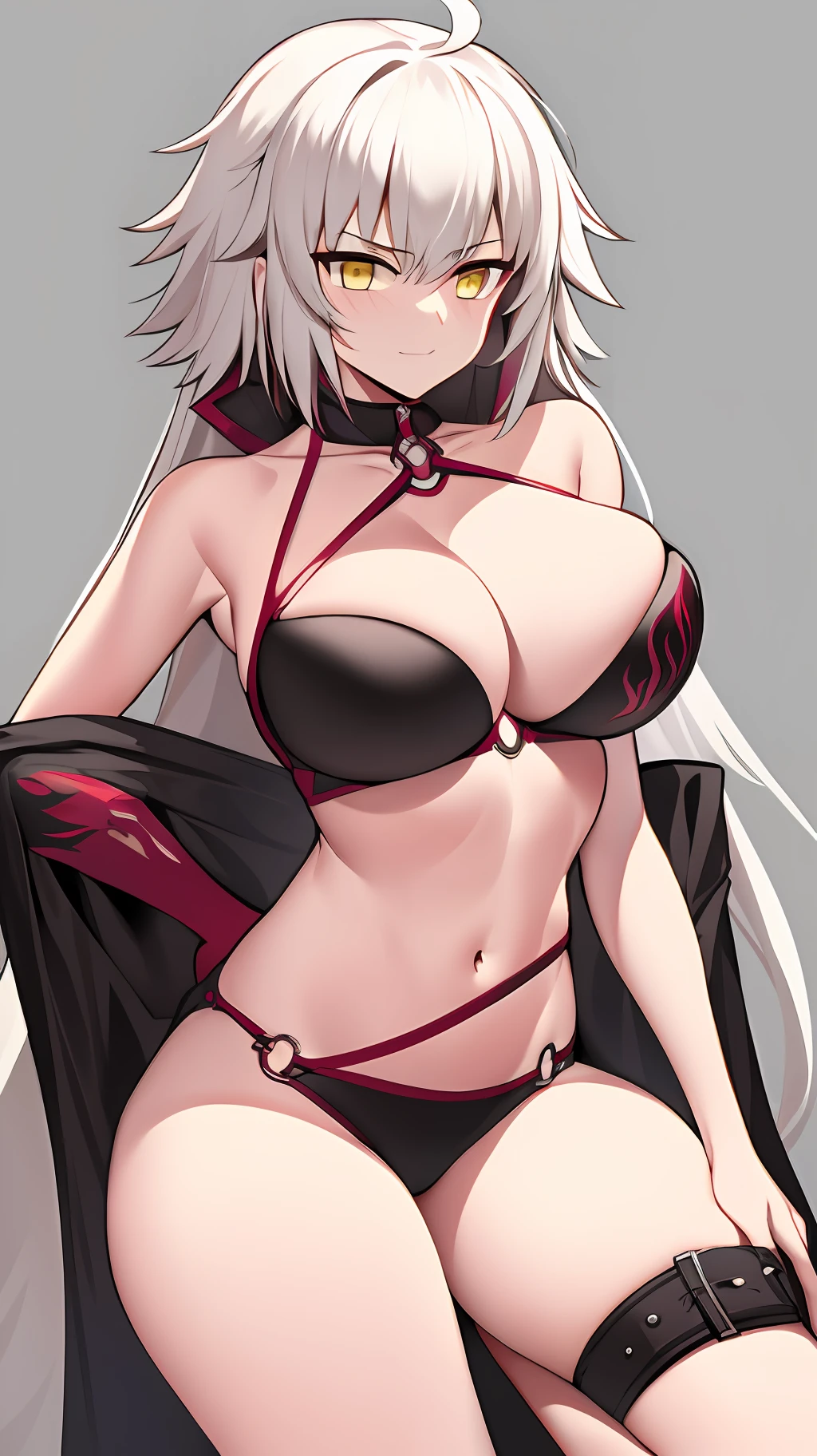 (masterpiece, best quality), summer_jalter, yellow_eyes, long hair, mature, white hair, thigh strap, bikini, 1girl, solo