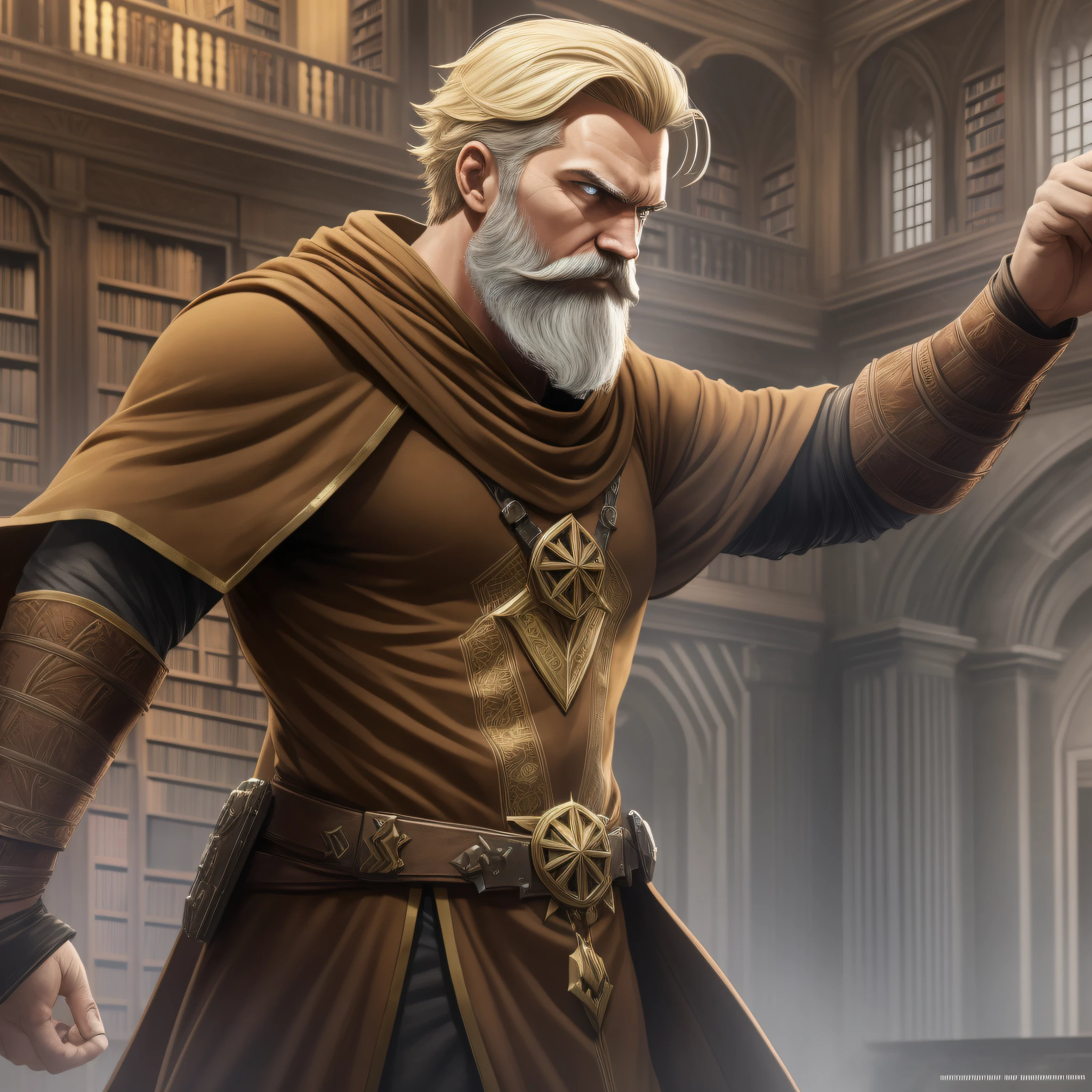 Dark Fantasy Tech Demo, comics marvel style, man, anti-hero, menacing look, ((fighting stance)), (blonde short hair), (dark blonde beard and mustache), (short beard), cloak like clothing, ((((brown tunic))), (long tunic), (long robe), new wizard, mystery, cinematic rendering, high dynamic range, RAW photo, (unreal engine), aesthetic, intricate, caustic, old library background, old woody structure.