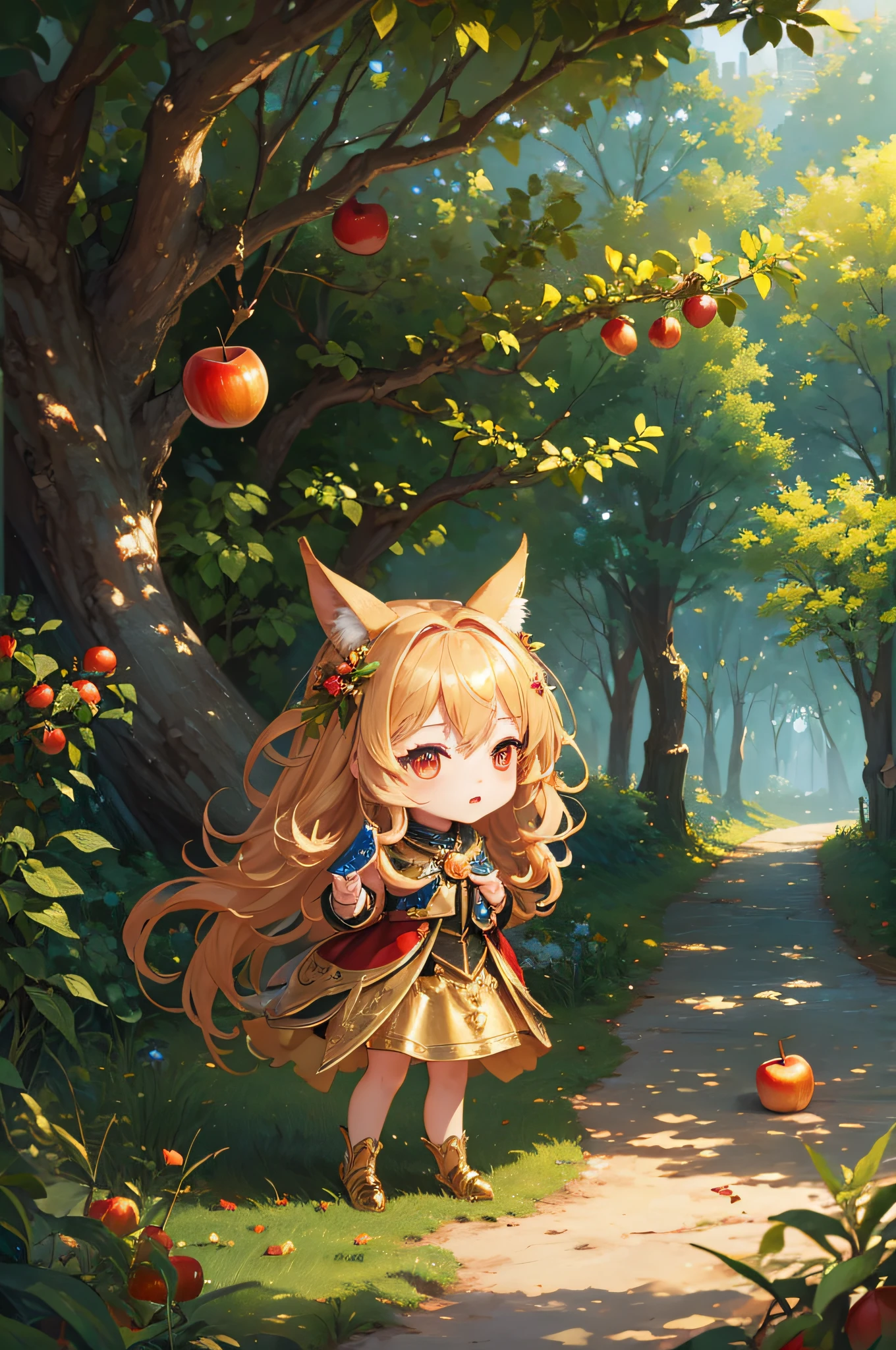 (((Masterpiece)))), (((Best Quality)))), ((Super Detail)), (Highly Detailed CG Illustration), 4K, Cinematic Golden Light, Intricate Details, Full Body, Chibi, Golden Hair, Red Eyes, Full Body, Rabbit Ears,Beach Background, Golden Apple Tree, Golden Apple --auto --s2